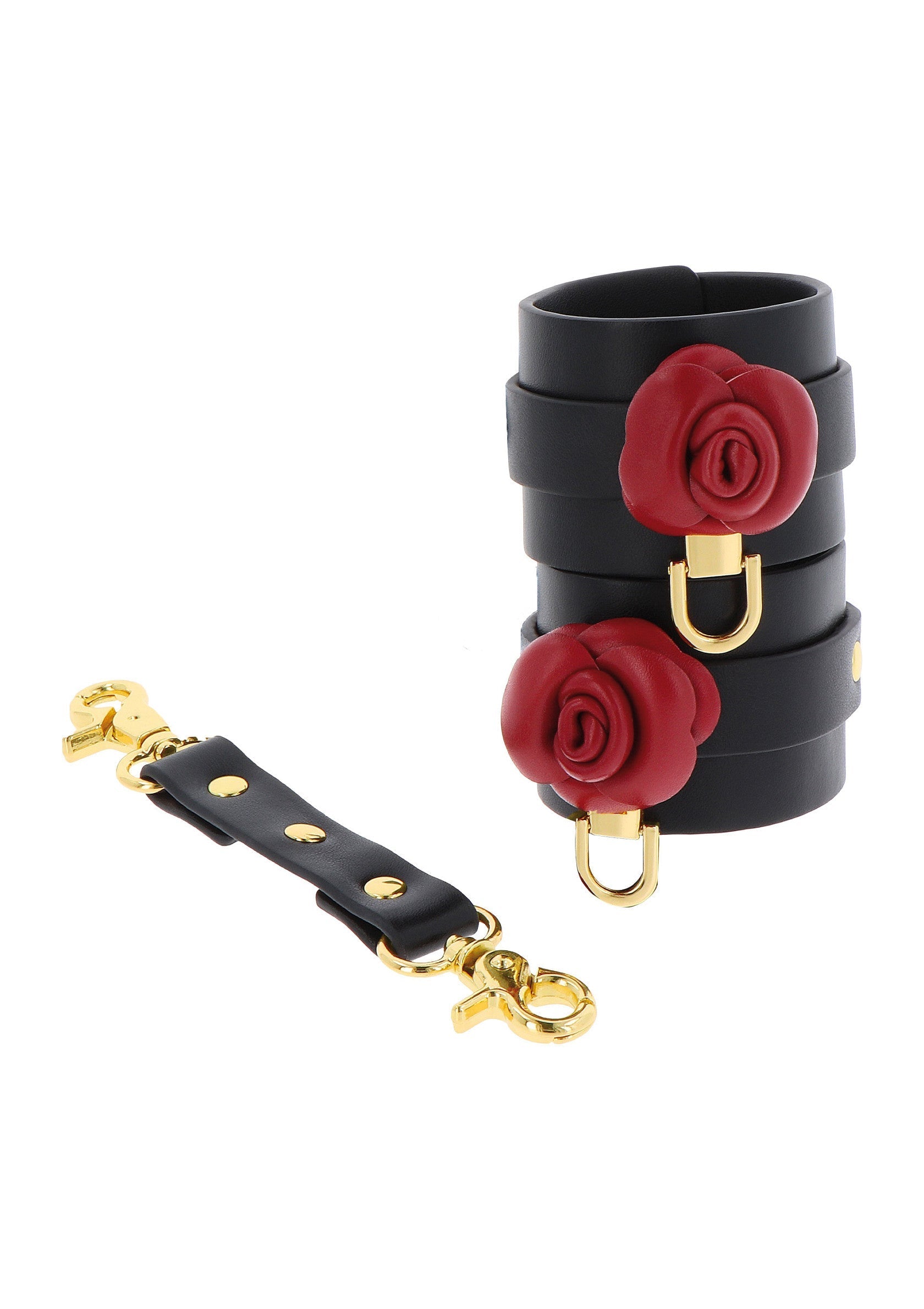 Bracelet manchette en cuir noir avec roses rouges et porte-clés assorti.; Zwarte leren manchetarmband met rode rozen en bijpassende sleutelhanger.; Black leather cuff bracelet with red roses and matching keychain.