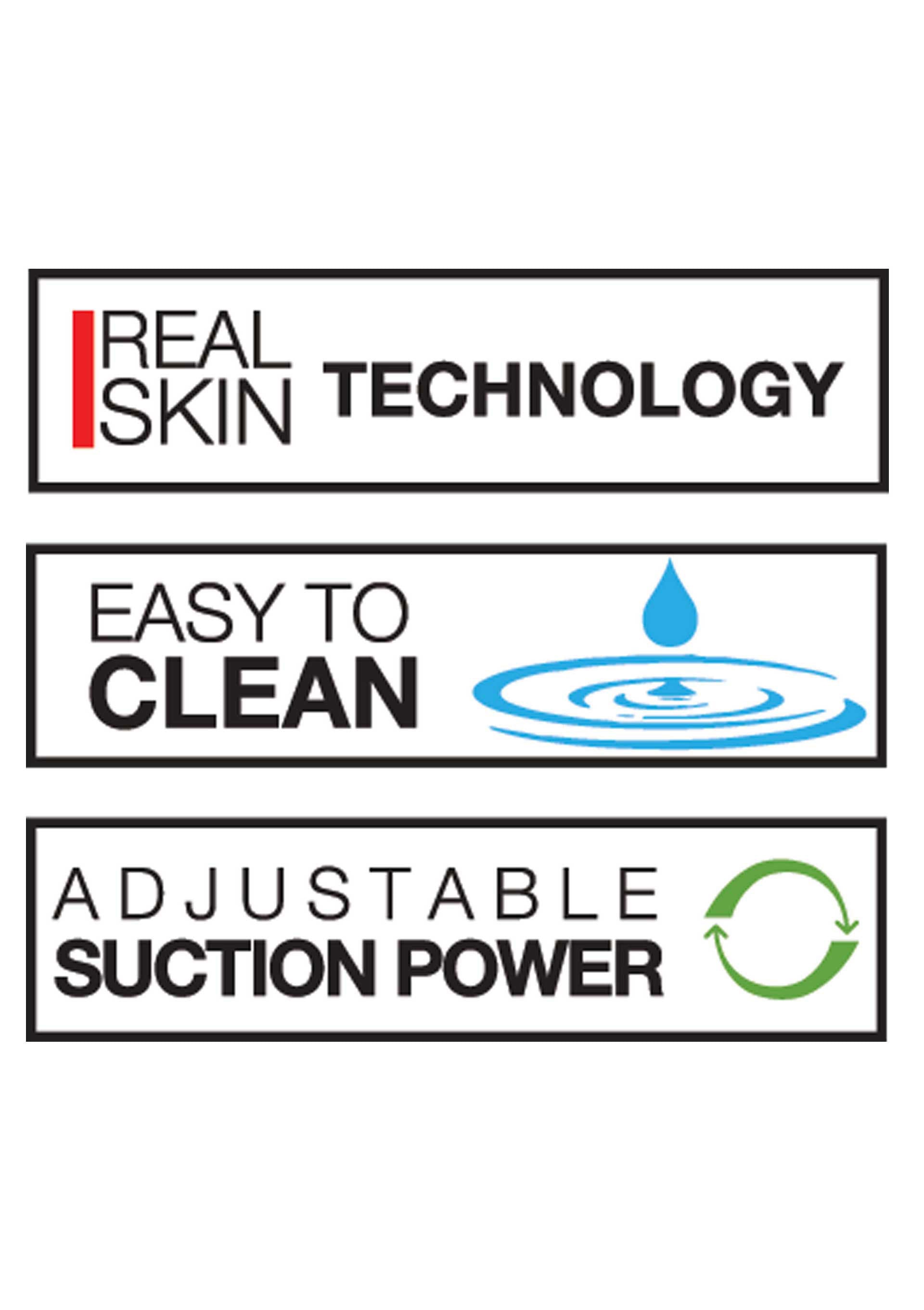 Technologie peau réelle, facile à nettoyer, puissance d'aspiration réglable. Idéal pour les soins de la peau.; Echte huidtechnologie, makkelijk schoon te maken, instelbare zuigkracht. Ideaal voor huidverzorging.; Real skin technology, easy to clean, adjustable suction power. Great for skincare.