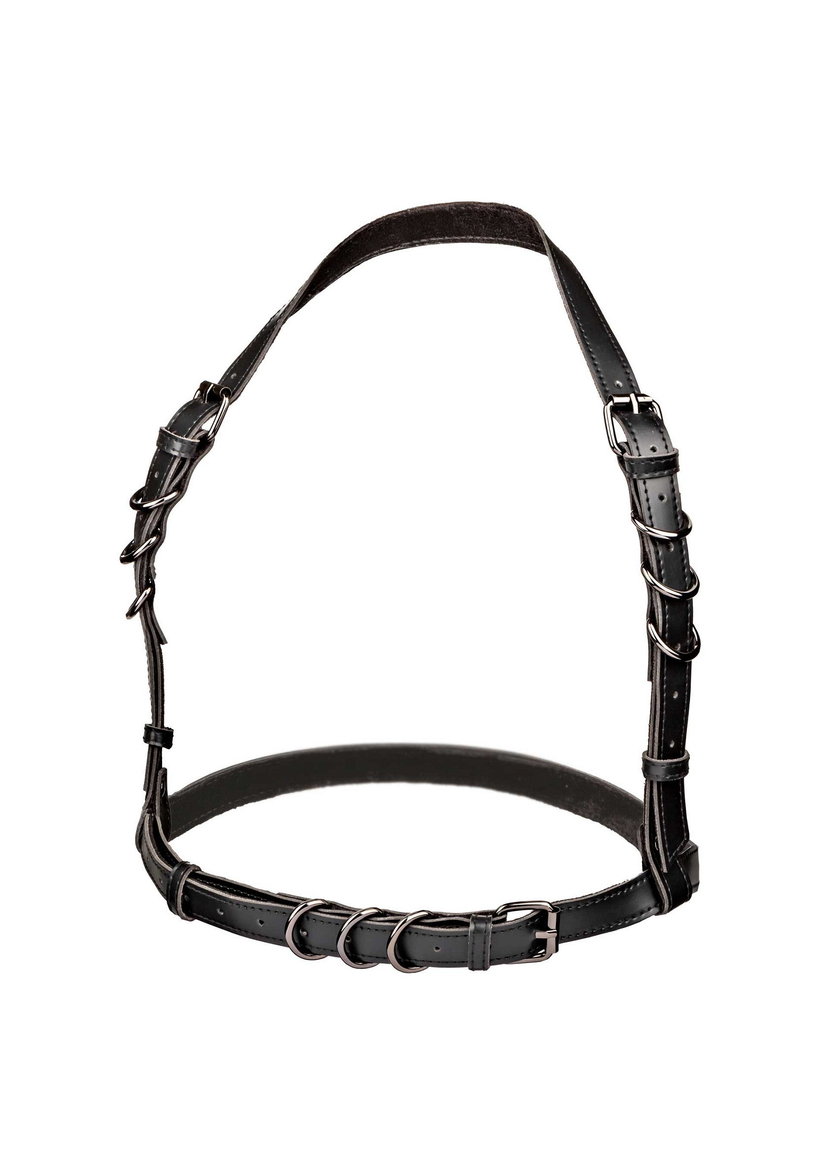 Harnais noir ajustable avec des boucles argentées, accessoire de mode audacieux et original.; Zwart verstelbaar harnas met zilveren gespen, een gedurfd en origineel modeaccessoire.; Adjustable black harness with silver buckles, a bold and original fashion accessory.