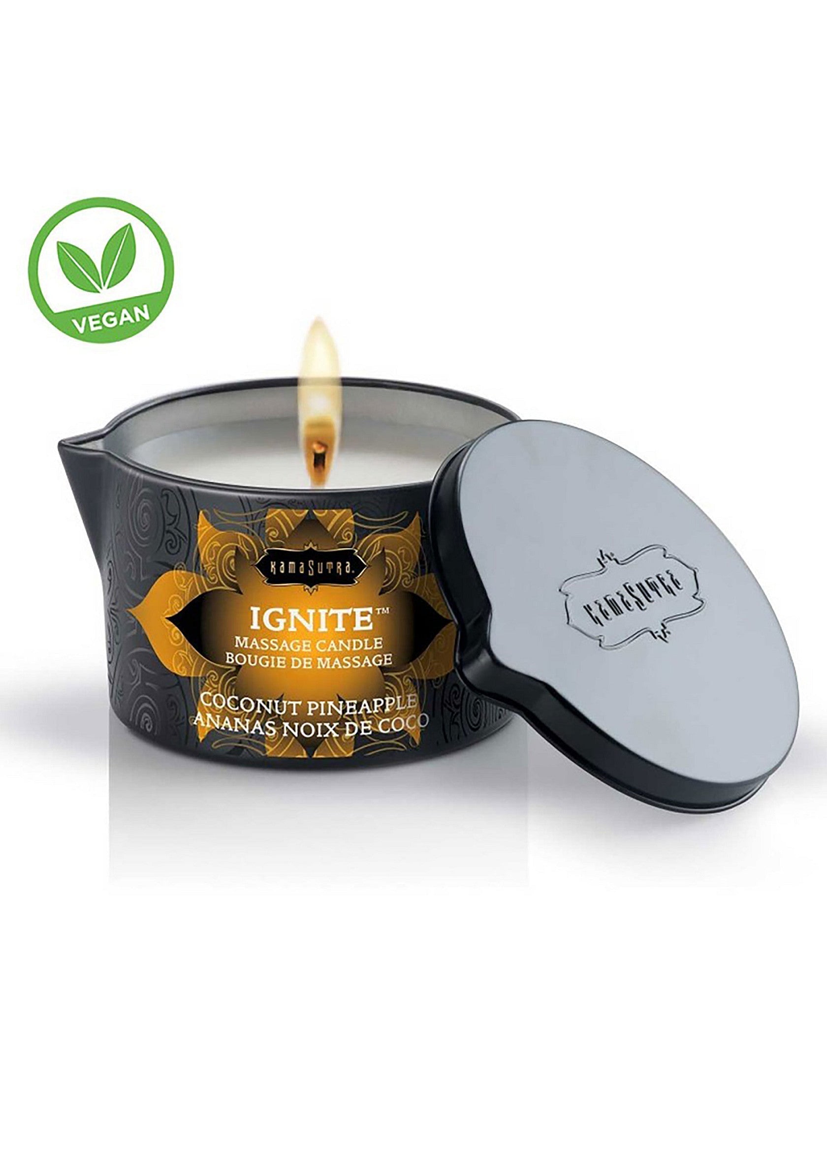 Bougie de massage végane Ignite Kama Sutra, ananas et noix de coco. Parfum tropical relaxant pour le corps.; Kama Sutra Ignite vegan massagekaars, ananas en kokos. Ontspannende tropische geur voor het lichaam.; Kama Sutra Ignite vegan massage candle, pineapple and coconut. Relaxing tropical scent for the body.