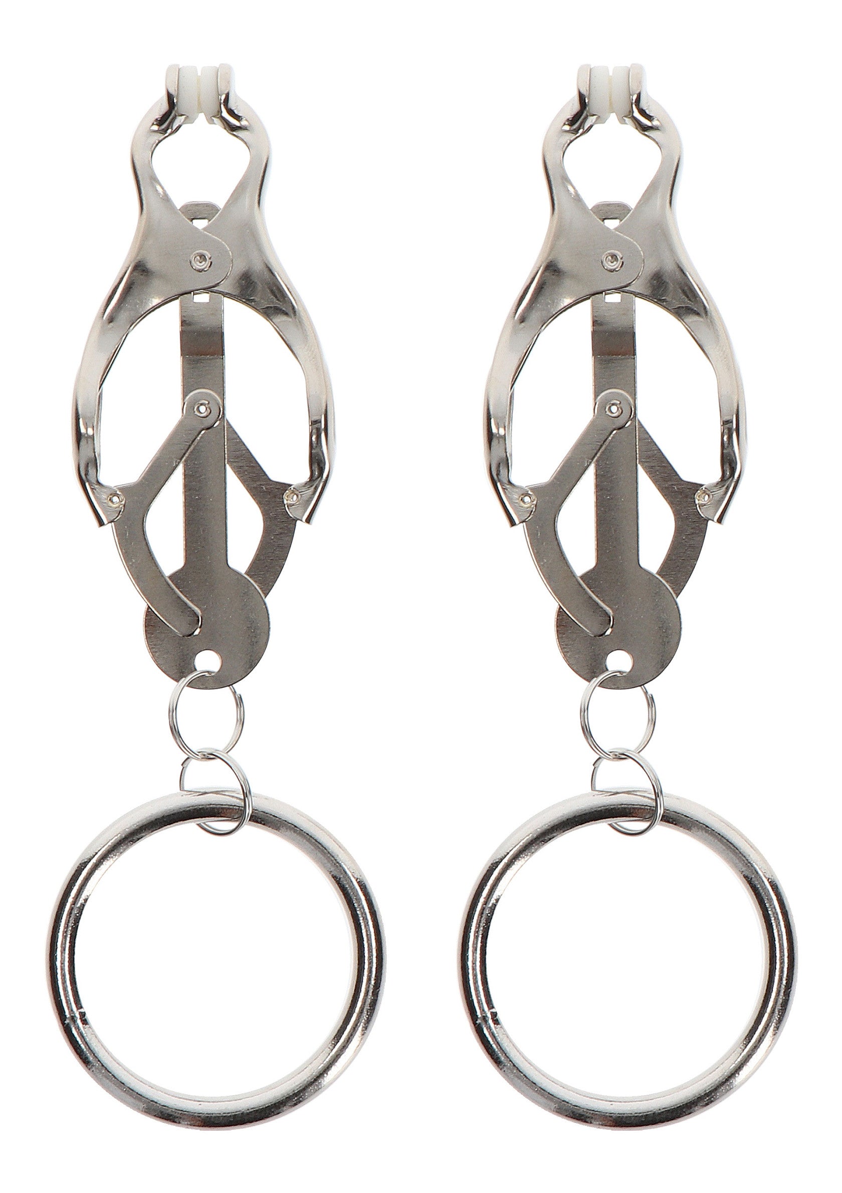 Pinces à tétons en métal avec anneaux. Accessoire de plaisir pour adultes.; Metalen tepelklemmen met ringen. Plezier accessoire voor volwassenen.; Metal nipple clamps with rings. Adult pleasure accessory.