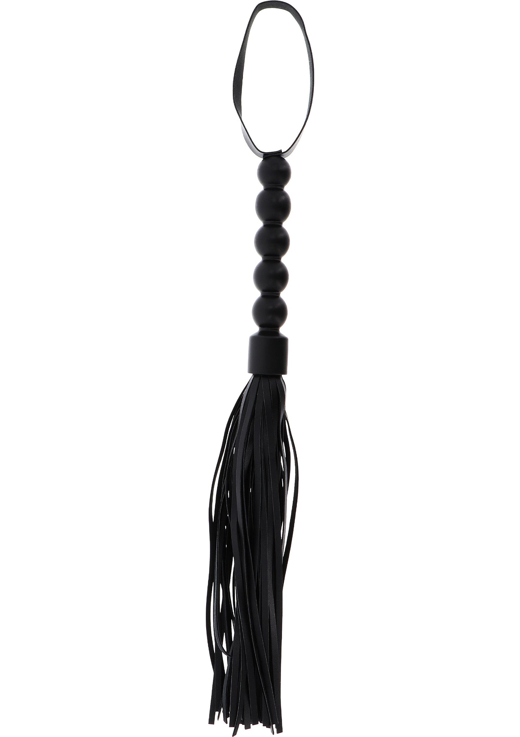 Cravache noire avec manche à billes pour jeux coquins et BDSM.; Zwarte zweep met kralenhandvat voor stout spel en BDSM.; Black flogger with beaded handle for kinky play and BDSM.