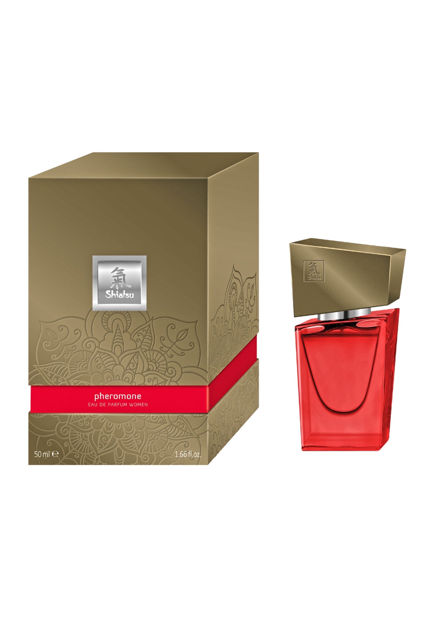 Parfum aux phéromones Shiahsu pour hommes, flacon rouge et or élégant.; Shiahsu feromoon parfum voor mannen, elegant rood-goud flacon.; Shiahsu pheromone cologne for men, elegant red & gold bottle.