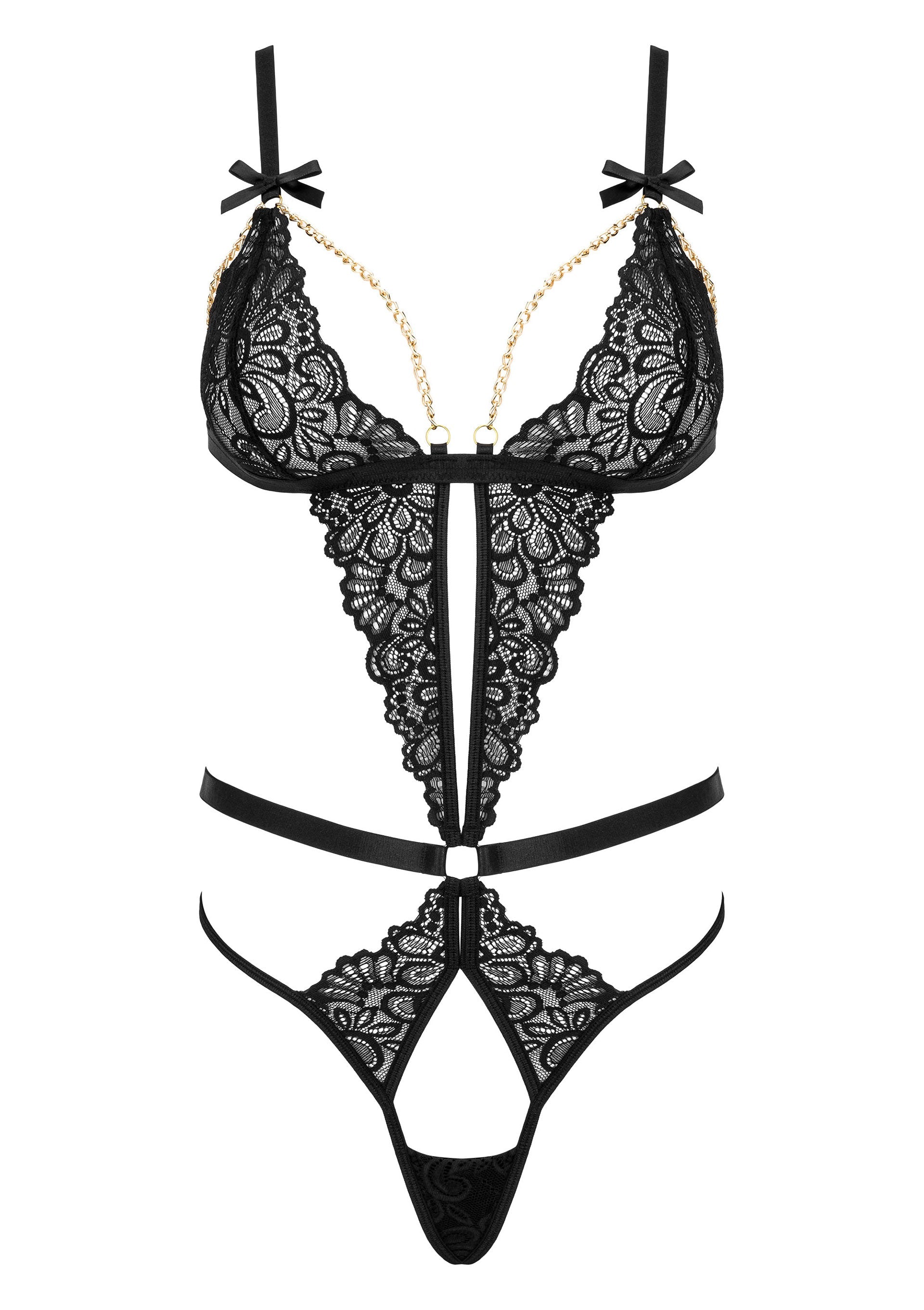 Body en dentelle noire avec des détails dorés et des découpes audacieuses. Lingerie sensuelle et élégante.; Zwart kanten body met gouden details en gewaagde openingen. Sensuele en elegante lingerie.; Black lace bodysuit with gold chain details and bold cutouts. Sensual and elegant lingerie.