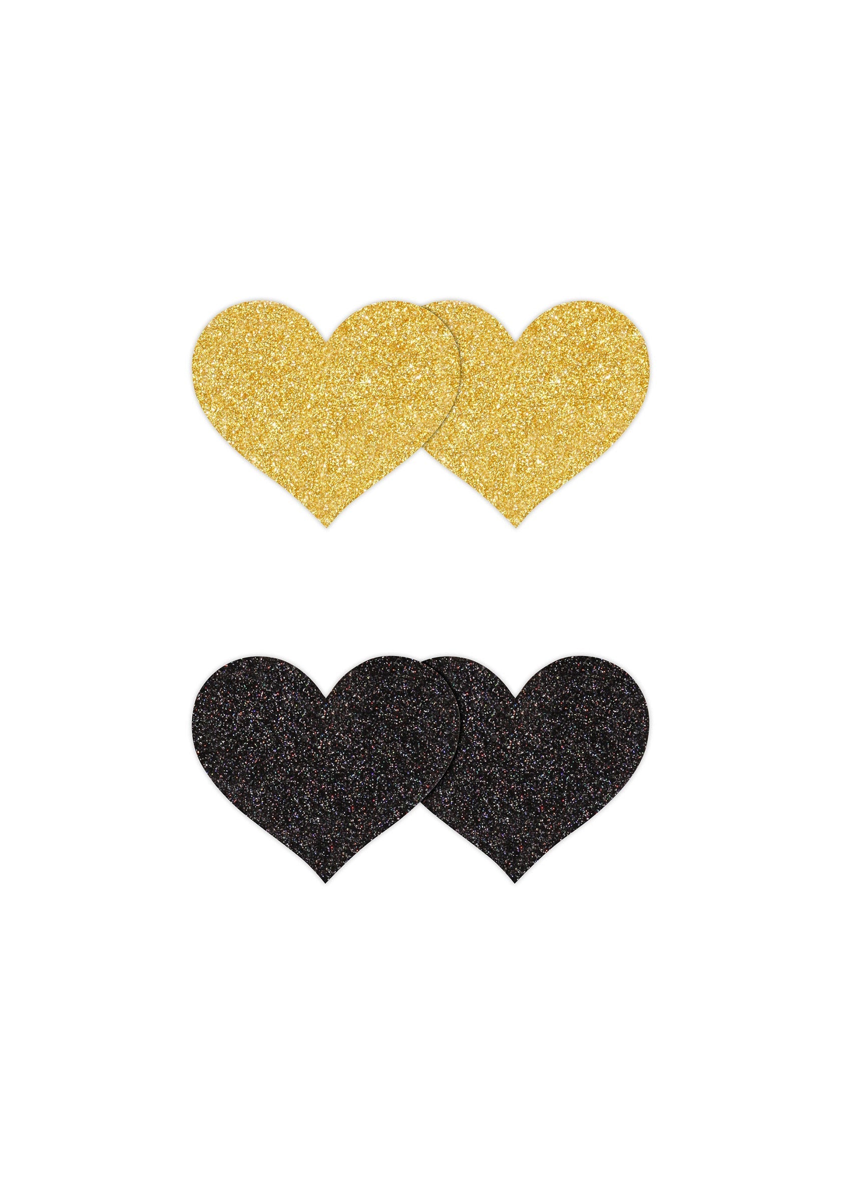 Cache-tétons en forme de cœur, pailletés or et noir.; Hartvormige tepelbedekkers met glitter in goud en zwart.; Heart-shaped nipple covers with glitter in gold and black.