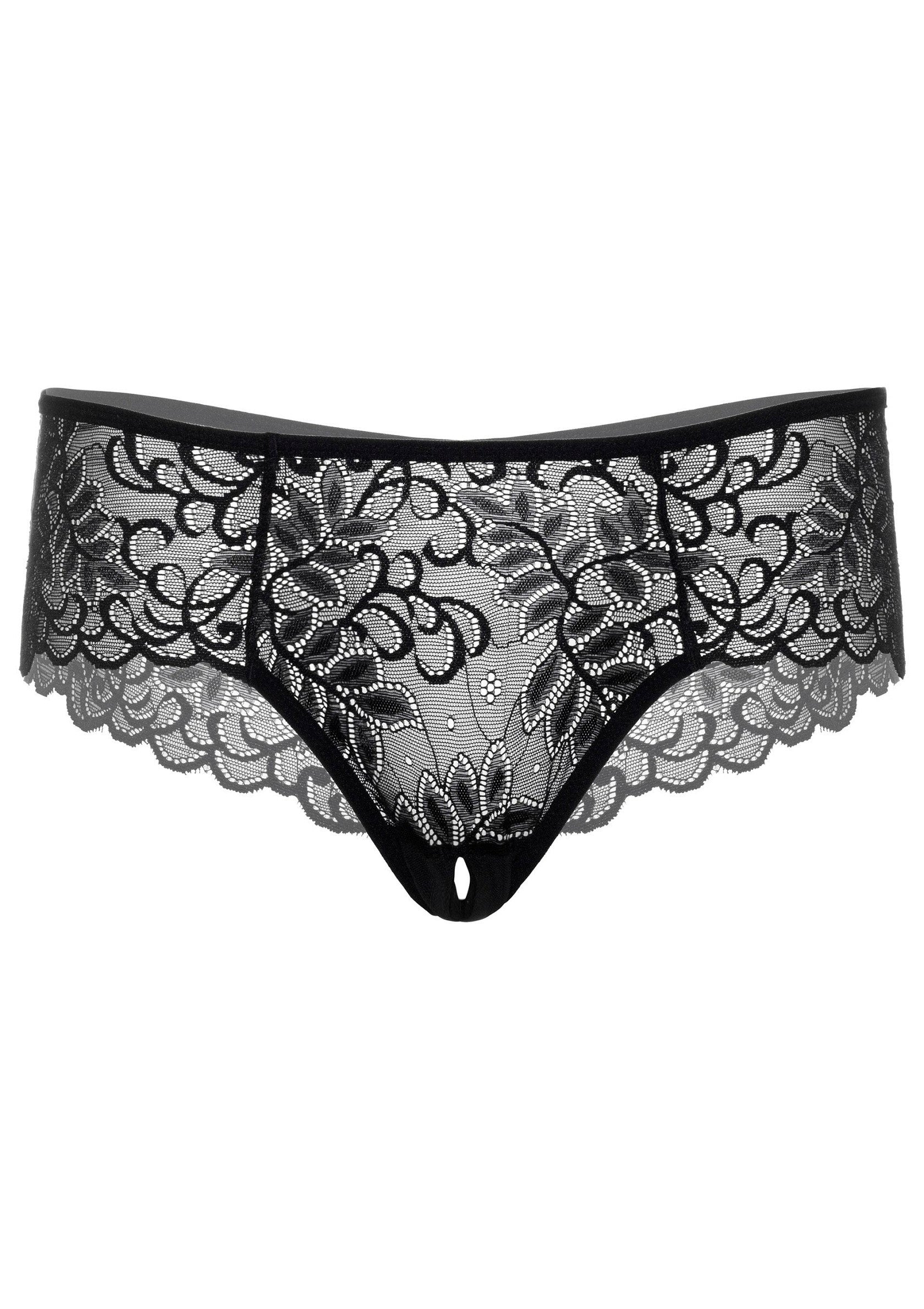 Culotte ouverte en dentelle noire délicate, motif floral. Lingerie séduisante et élégante.; Zwarte open kruisje kanten slip met delicaat bloemmotief. Verleidelijk en elegant lingerie.; Black crotchless lace panty with delicate floral pattern. Seductive and elegant lingerie.