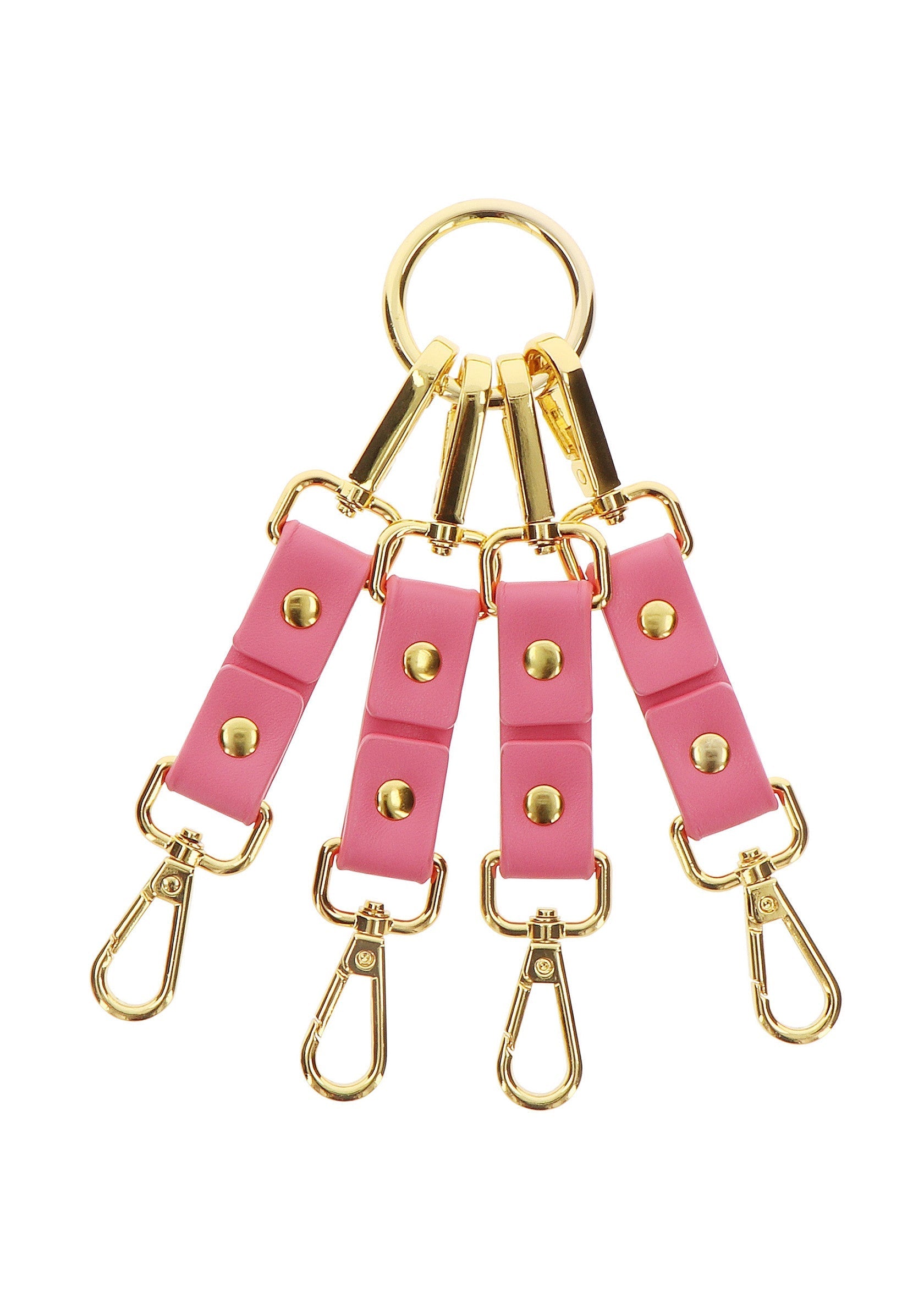 Porte-clés rose et or avec 4 crochets à mousqueton, accessoire tendance pour organiser vos clés avec style. ; Roze en gouden sleutelhanger met 4 karabijnhaken, een trendy accessoire om je sleutels stijlvol te organiseren.; Pink and gold keychain with 4 lobster clasps, a trendy accessory to organize your keys in style.