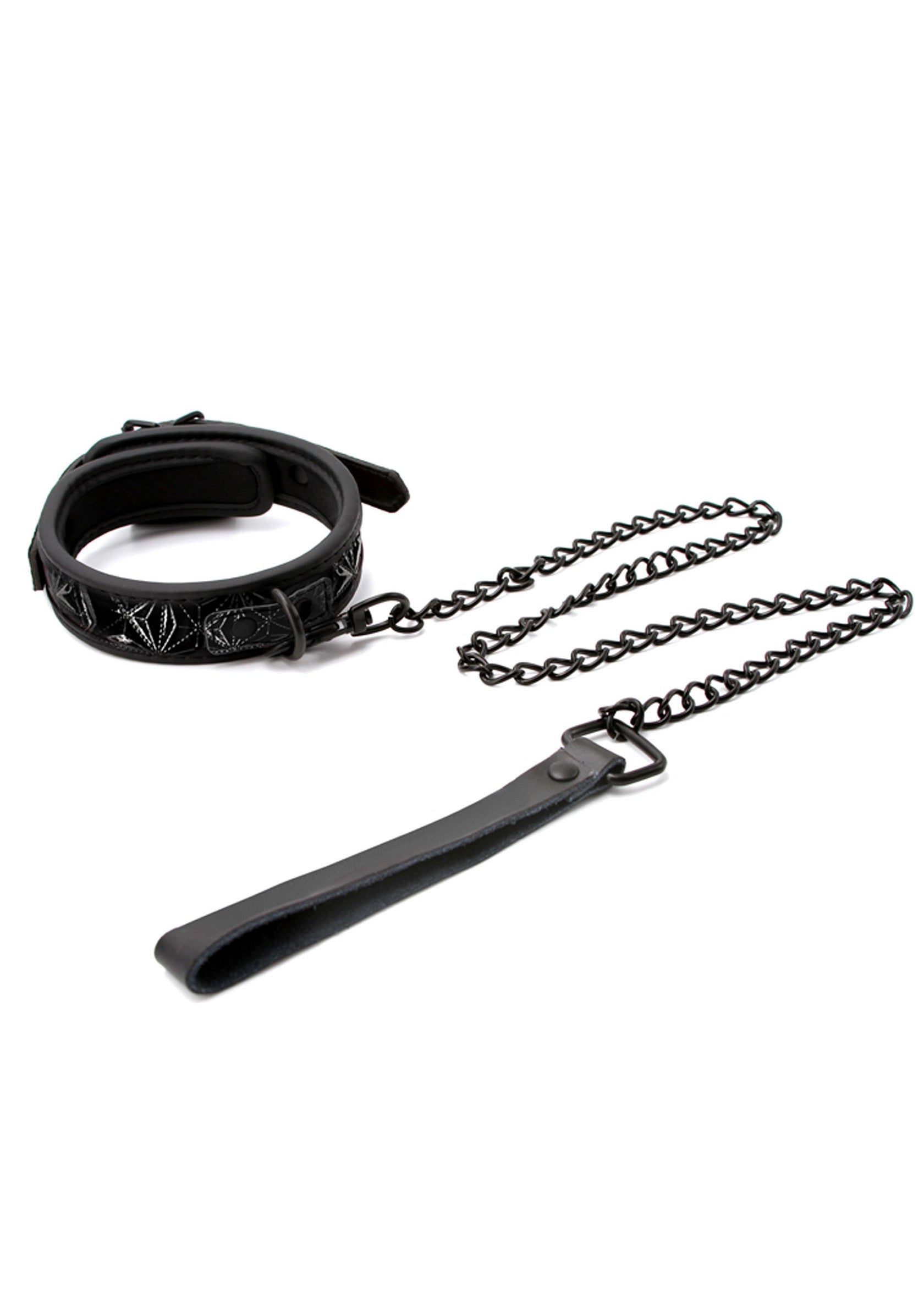Collier noir clouté avec laisse à chaîne, parfait pour un look audacieux et sophistiqué.; Zwarte halsband met studs en kettingriem, perfect voor een gedurfde en verfijnde look.; Black studded collar with chain leash, perfect for a bold and sophisticated look.