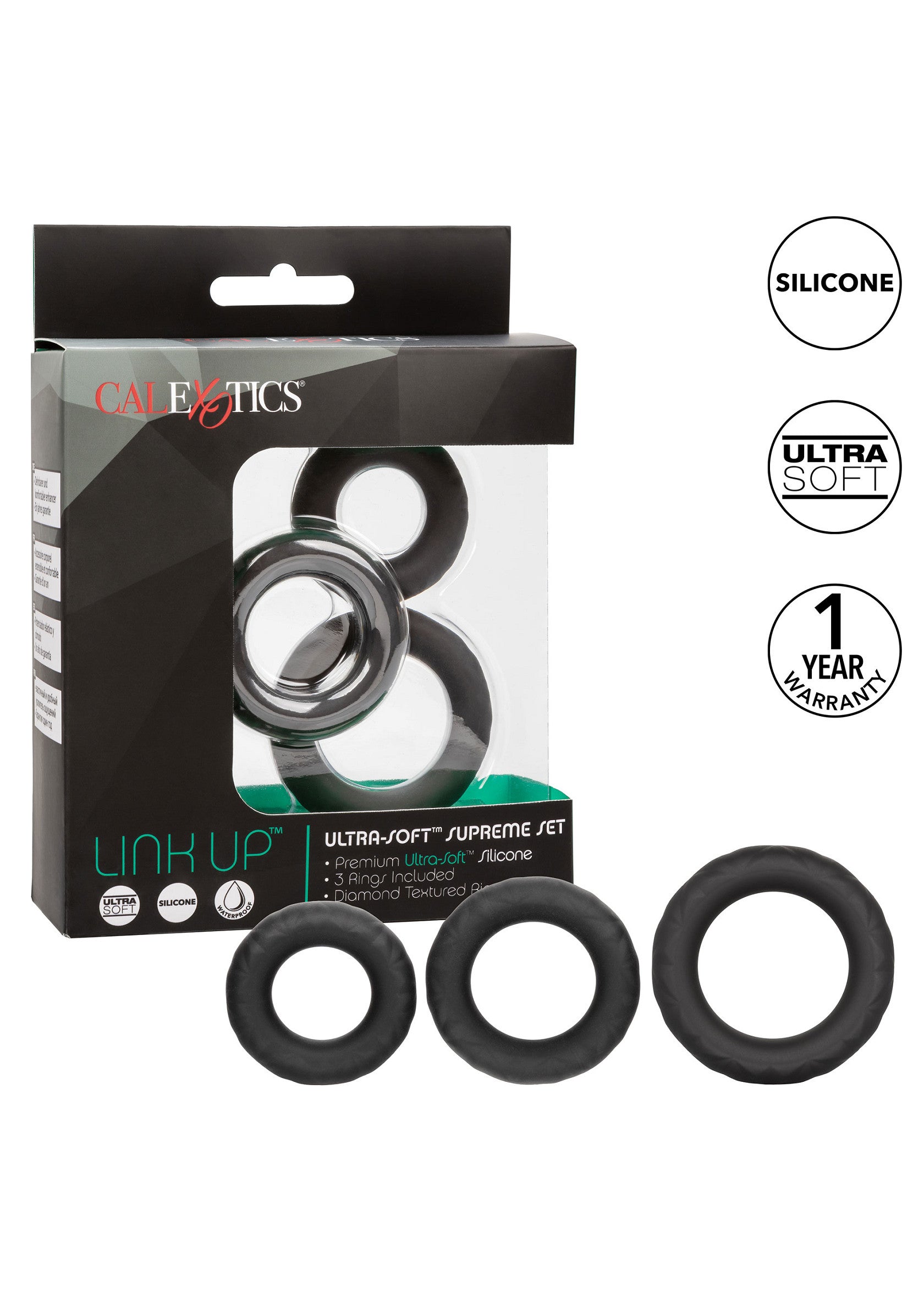 Anneaux péniens Calexotics Link Up en silicone ultra-doux pour plus de plaisir et de confort.; Calexotics Link Up penisringen van ultra-zachte siliconen voor meer plezier en comfort.; Calexotics Link Up penis rings made of ultra-soft silicone for added pleasure and comfort.