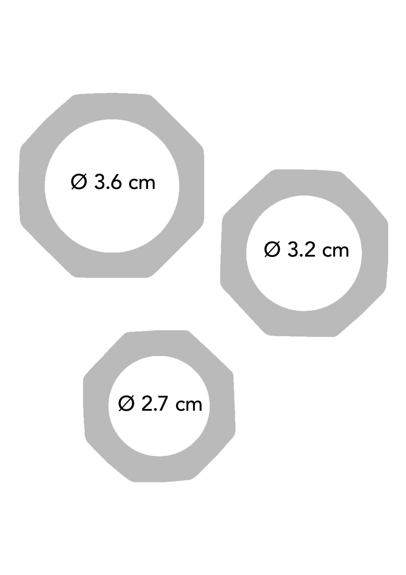Tailles d'œillets: diagramme avec des diamètres de 3,6 cm, 3,2 cm et 2,7 cm.; Afmetingen oogjes: diagram met diameters van 3,6 cm, 3,2 cm en 2,7 cm.; Eyelet sizes: diagram showing diameters of 3.6cm, 3.2cm, and 2.7cm.