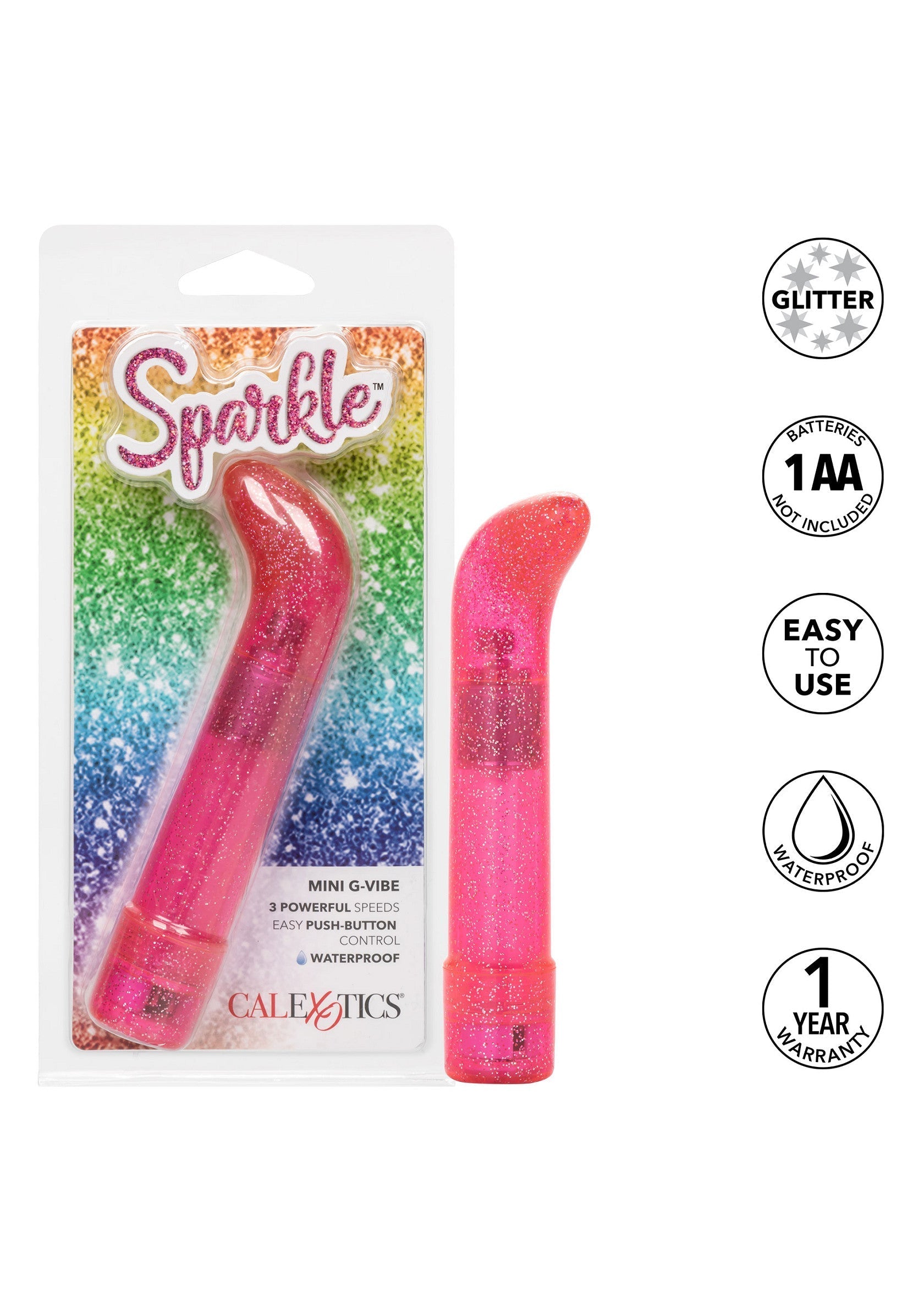 Mini vibromasseur rose pailleté Calexotics Sparkle G-Vibe pour le plaisir féminin. Waterproof et facile à utiliser. ; Calexotics Sparkle G-Vibe mini vibrator roze met glitter voor vrouwelijk genot. Waterdicht en makkelijk te gebruiken.; Calexotics Sparkle G-Vibe mini vibrator in pink with glitter for feminine pleasure. Waterproof and easy to use.