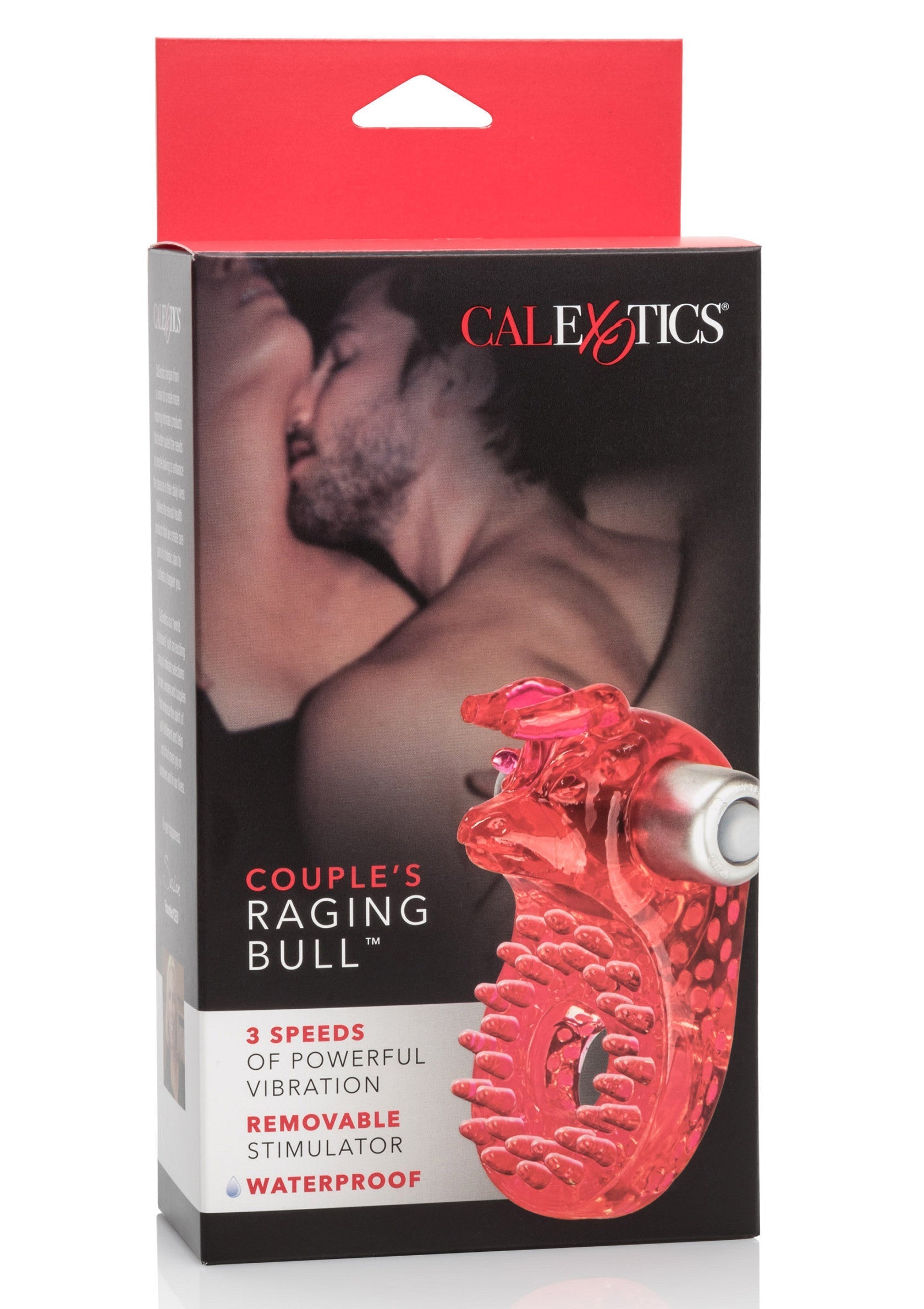 Couple's Raging Bull : vibromasseur étanche avec 3 vitesses de vibration puissantes et stimulateur amovible.; Couple's Raging Bull: waterdichte vibrator met 3 snelheden van krachtige vibratie en verwijderbare stimulator.; Couple's Raging Bull: waterproof vibrator with 3 speeds of powerful vibration and removable stimulator.