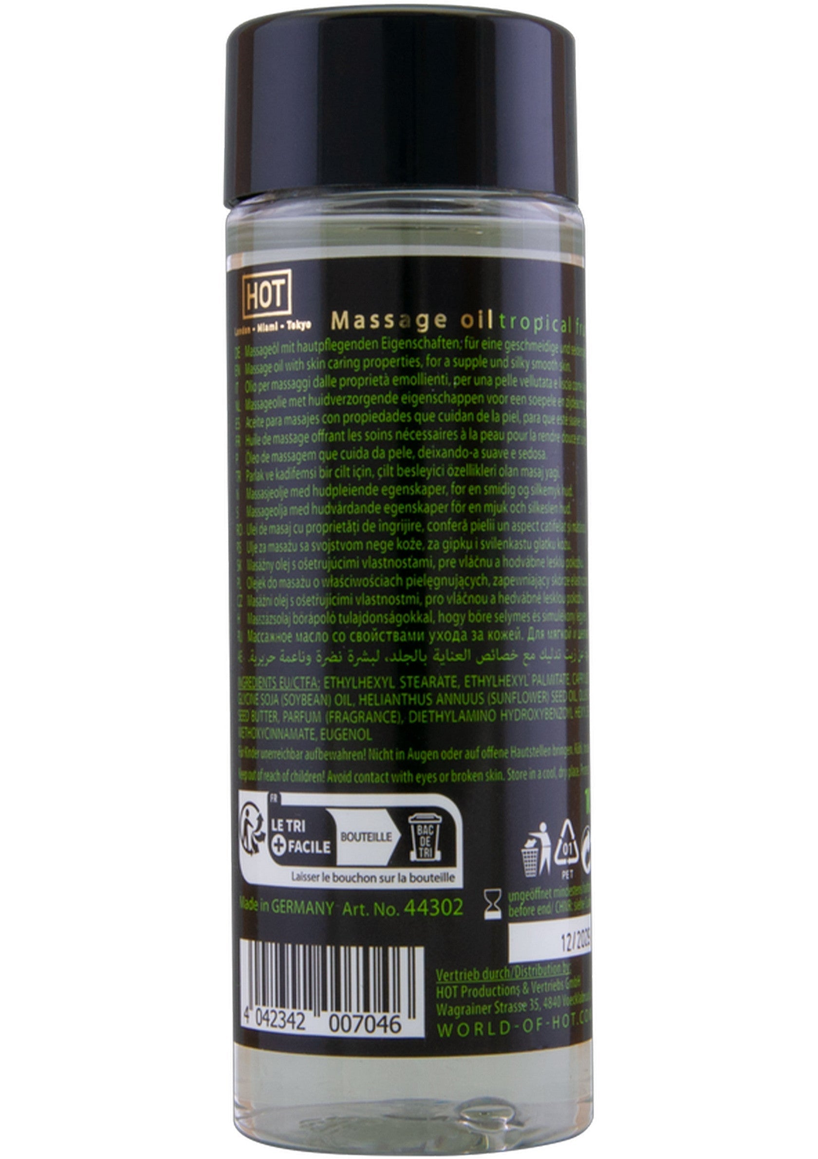 Huile de massage tropicale HOT pour une peau douce et soyeuse. Détendez-vous et profitez d'un massage sensuel.; HOT massageolie tropisch voor een zachte en soepele huid. Ontspan en geniet van een sensuele massage.; HOT Tropical massage oil for a soft and supple skin. Relax and enjoy a sensual massage experience.