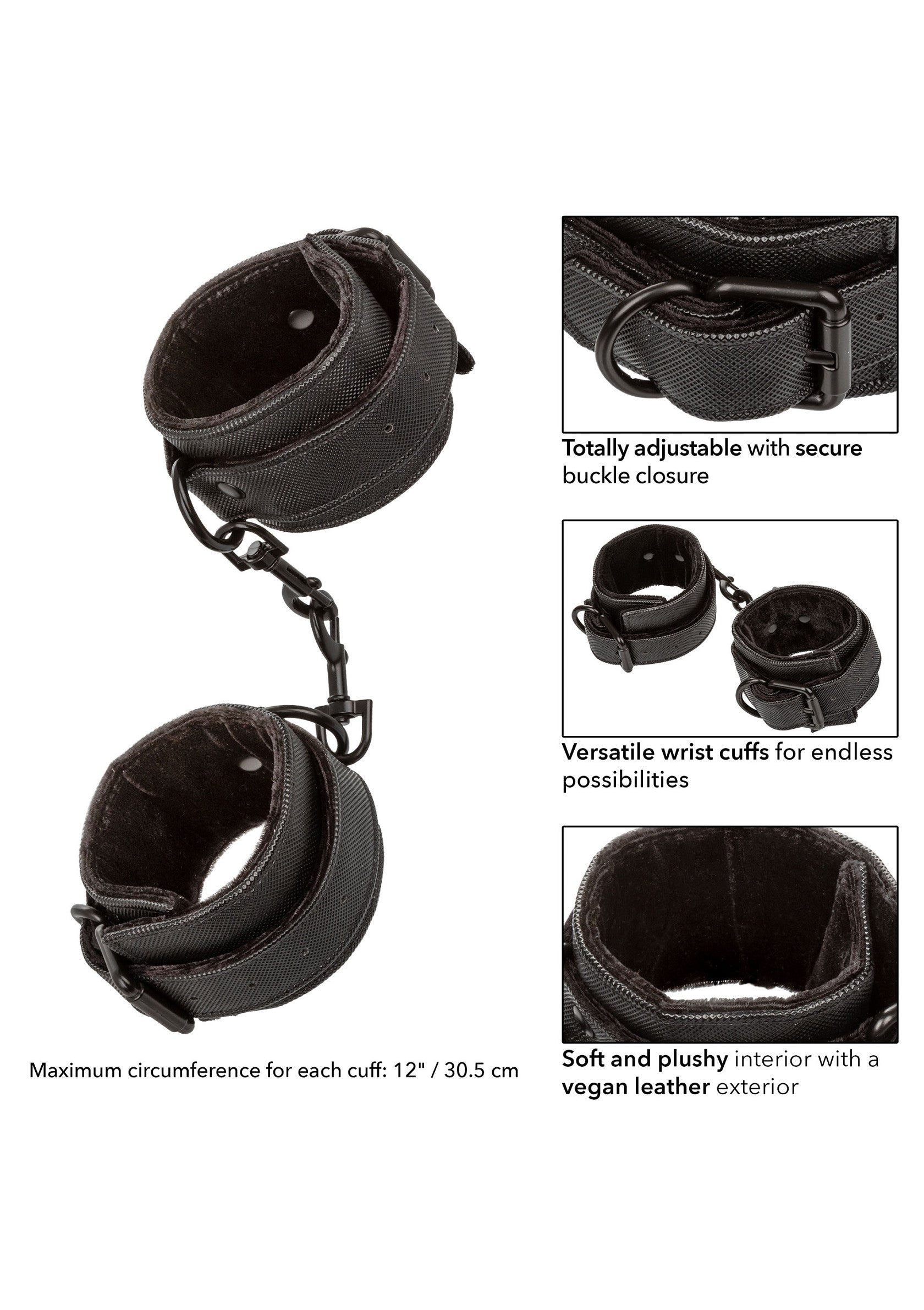 Menottes réglables en cuir vegan noir avec intérieur doux. Accessoires de jeu de rôle polyvalents.; Verstelbare handboeien van zwart veganistisch leer met zachte binnenkant. Veelzijdige rollenspel accessoires.; Adjustable black vegan leather wrist cuffs with soft interior. Versatile roleplay accessories.