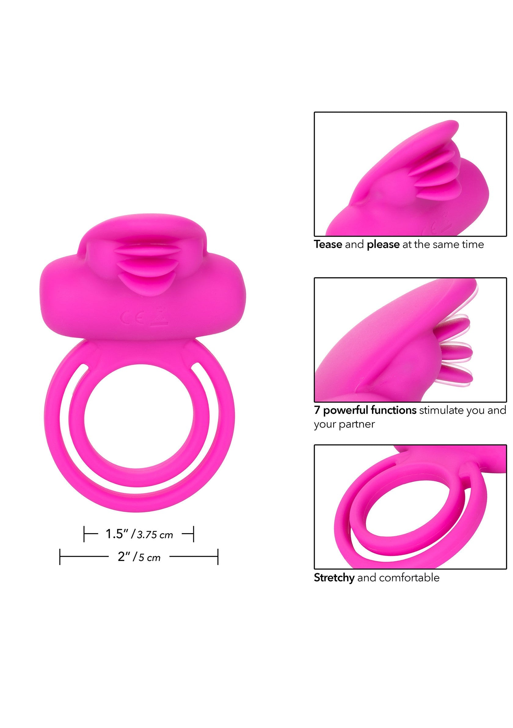 Anneau vibrant rose pour couple avec 7 modes de vibration pour stimuler les deux partenaires.; Roze vibrerende ring voor koppels met 7 vibratiestanden om beide partners te stimuleren.; Pink vibrating cock ring for couples with 7 vibration modes to stimulate both partners.