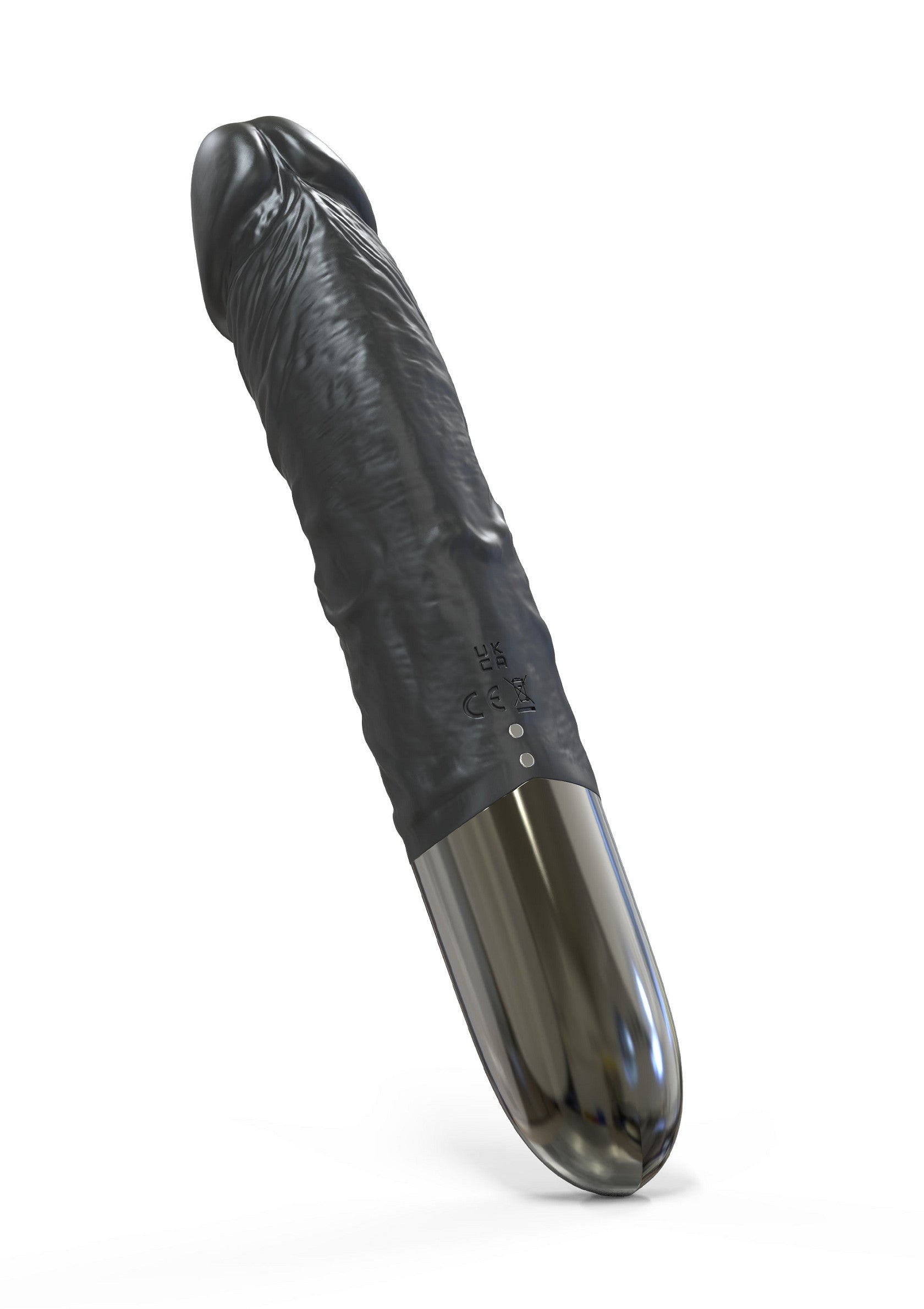 Jouet pour adultes réaliste noir avec base en métal brillant.; Realistisch zwart adult toy met glanzende metalen basis.; Realistic black adult toy with shiny metal base.