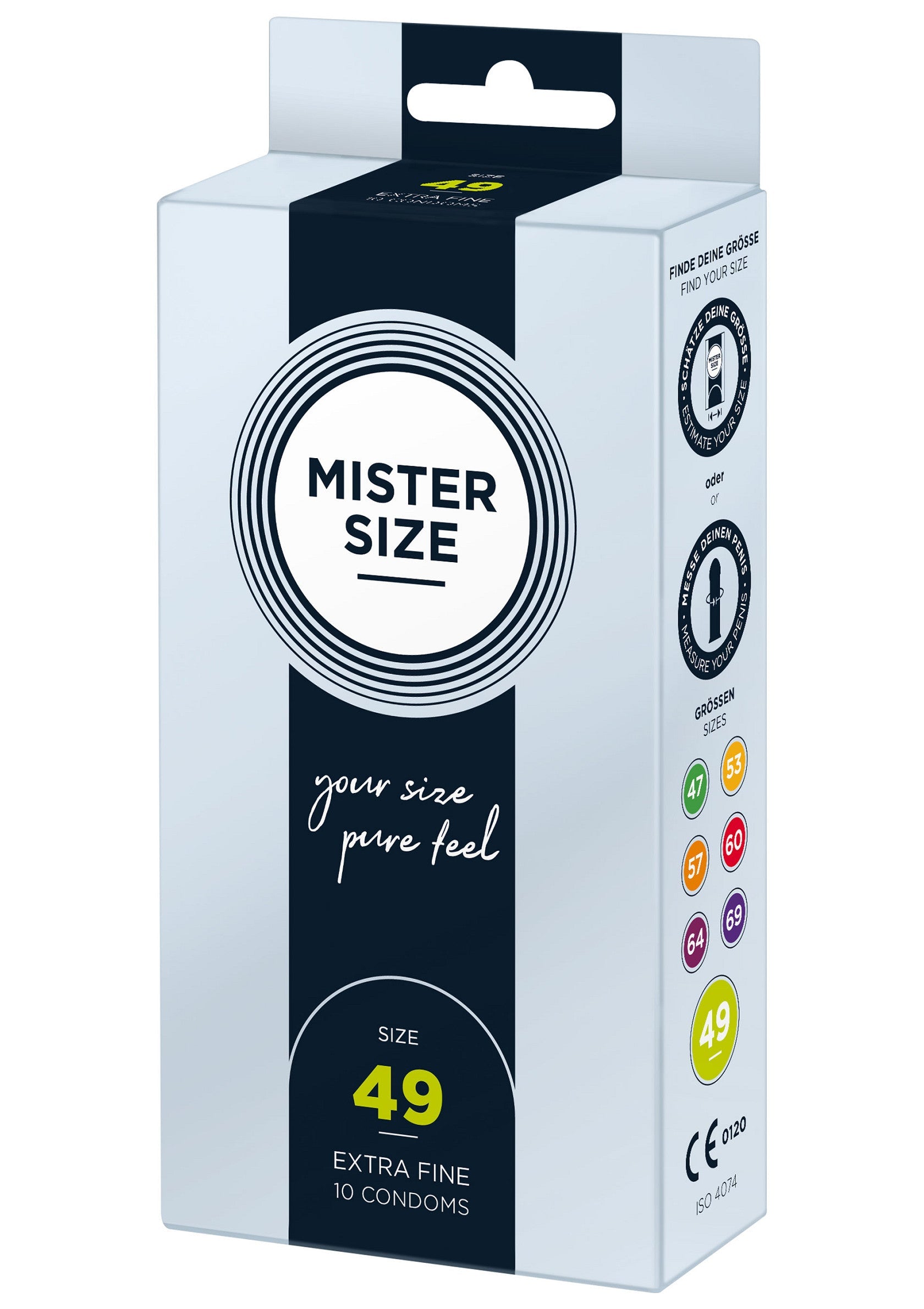 Préservatifs Mister Size 49 extra fins pour un confort optimal. Trouvez votre taille idéale.; Mister Size 49 extra fijne condooms voor optimaal comfort. Vind jouw perfecte maat.; Mister Size 49 extra fine condoms for optimal comfort. Find your perfect fit.