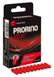 Prorino Libido Caps pour femmes. Complément alimentaire pour la vitalité et le désir sexuel. 10 capsules.; Prorino Libido Caps voor vrouwen. Voedingssupplement voor vitaliteit en seksueel verlangen. 10 capsules.; Prorino Libido Caps for women. Dietary supplement for vitality & sexual desire. 10 capsules.