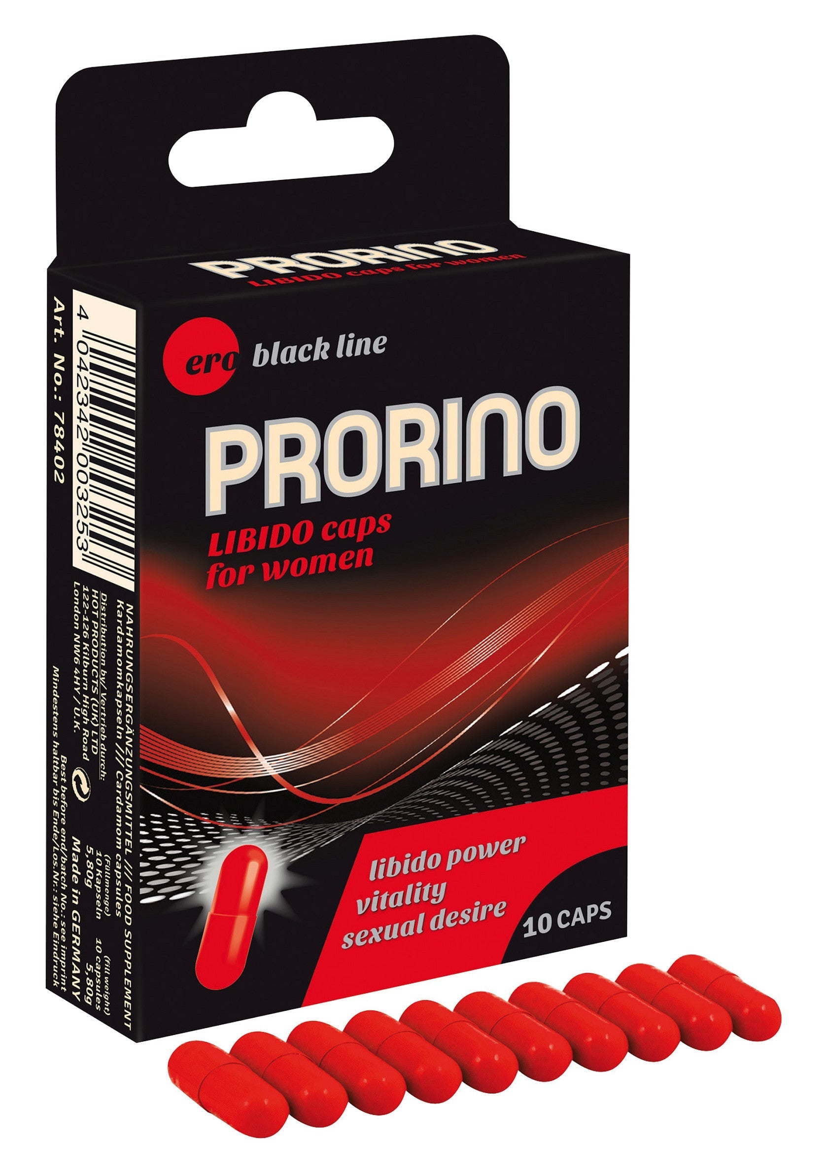 Prorino Libido Caps pour femmes. Complément alimentaire pour la vitalité et le désir sexuel. 10 capsules.; Prorino Libido Caps voor vrouwen. Voedingssupplement voor vitaliteit en seksueel verlangen. 10 capsules.; Prorino Libido Caps for women. Dietary supplement for vitality & sexual desire. 10 capsules.