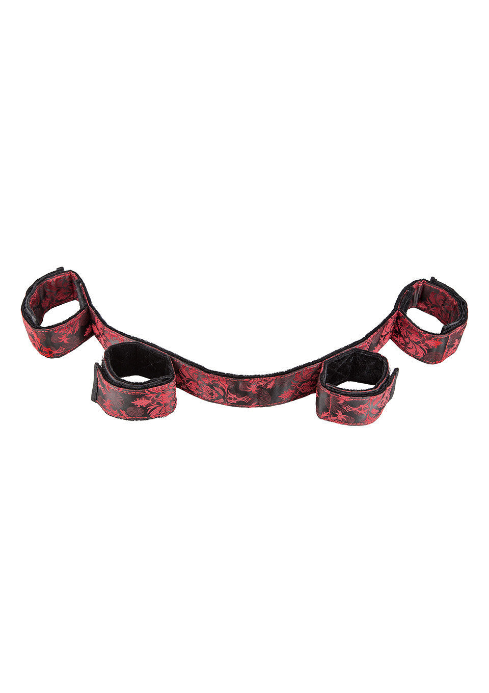 Jeu de contention rouge imprimé feuilles pour pimenter vos jeux coquins.; Rode bedboeien set met bladerenprint om je stoutste spelletjes mee op te leuken.; Red leaf-print restraint kit to spice up your naughtiest games.