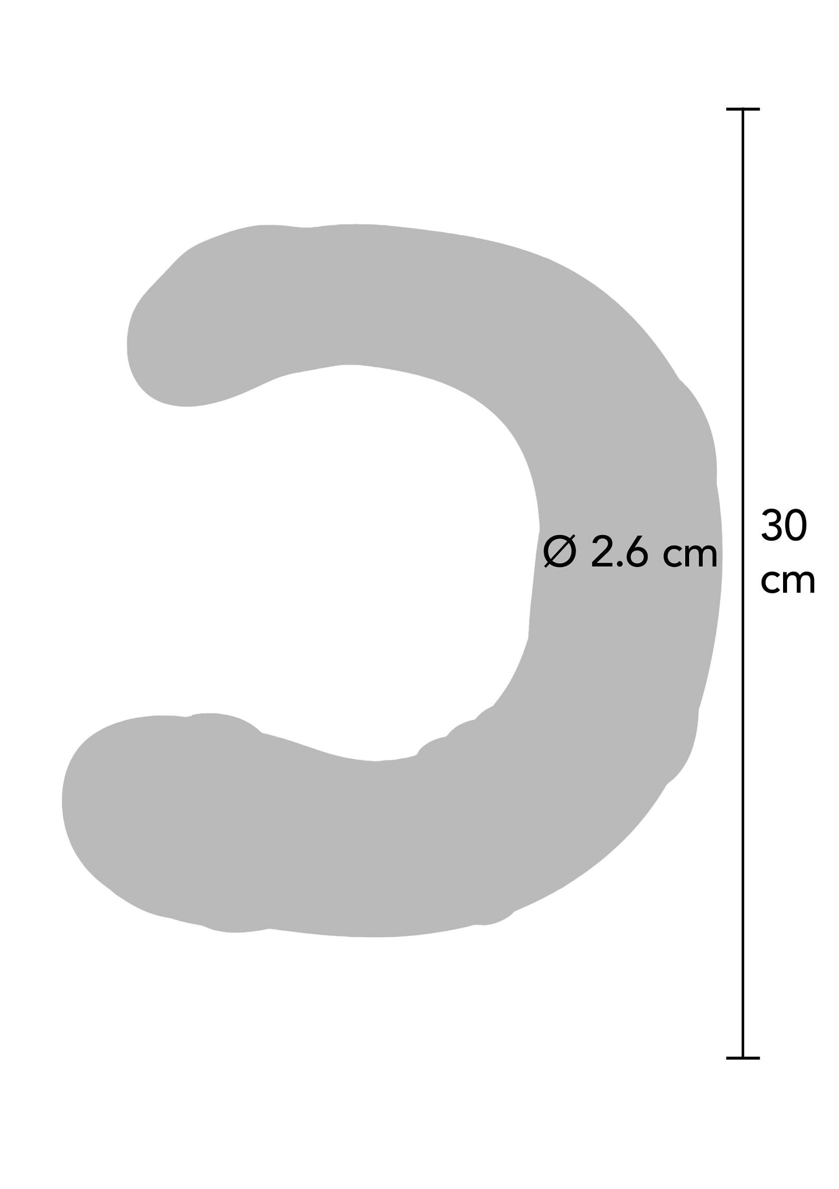 Diagramme d'un oreiller de grossesse ou de voyage en forme de U avec des dimensions, idéal pour le confort.; Diagram van een U-vormig zwangerschaps- of reiskussen met afmetingen, ideaal voor comfort.; Diagram of a U-shaped pregnancy or travel pillow with dimensions, ideal for comfort.