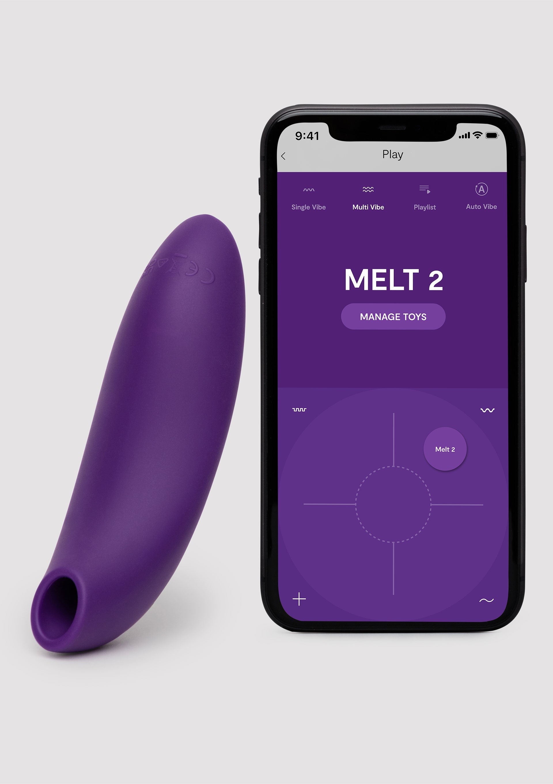Sextoy masturbateur violet connecté à une application mobile pour une expérience personnalisée.; Paars speeltje voor mannen, verbonden met een mobiele app voor een persoonlijke ervaring.; Purple male masturbator toy, connected to a mobile app for a personalized experience.