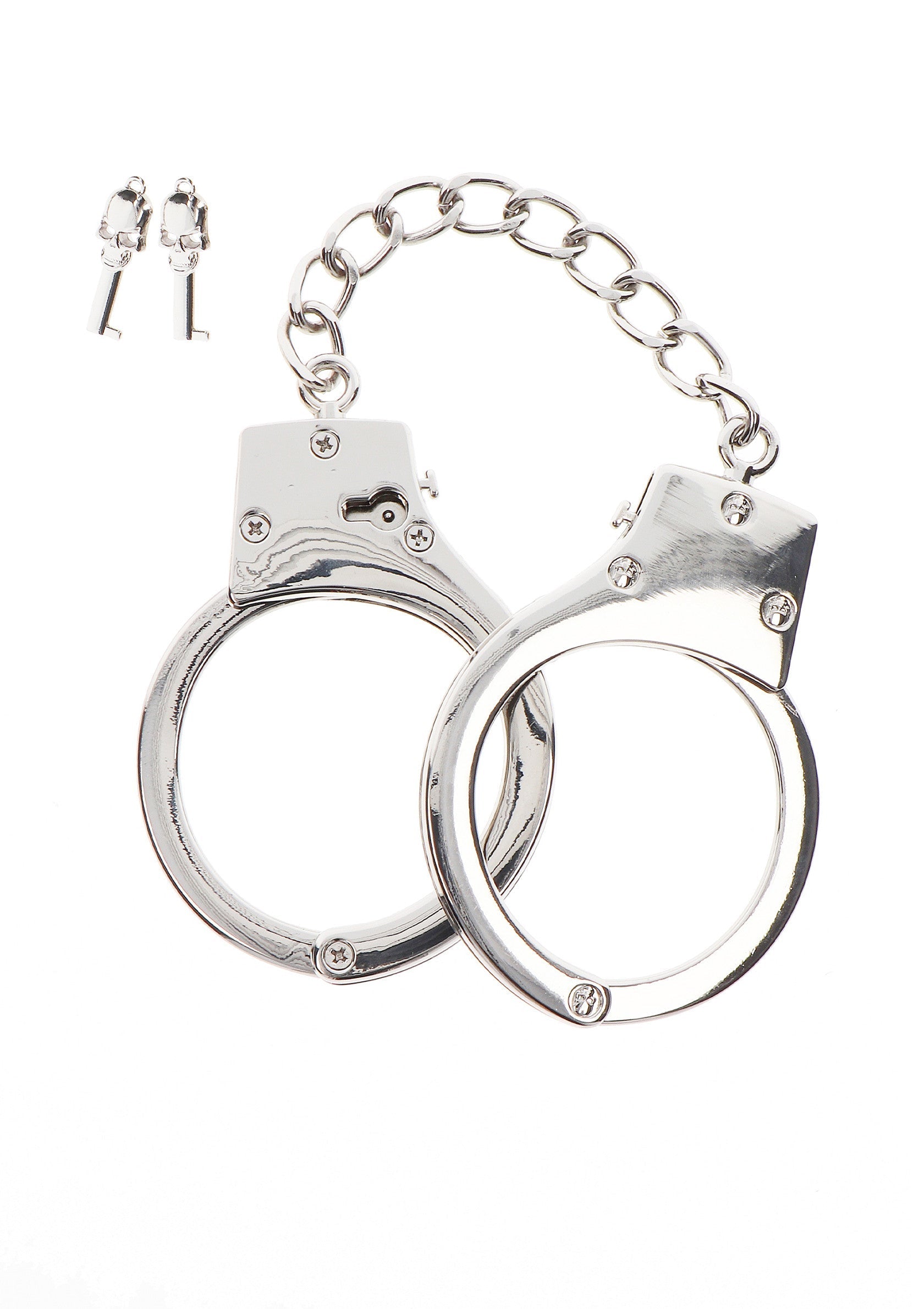 Menottes en métal avec clés. Accessoire de déguisement parfait pour les fêtes costumées.; Metalen handboeien met sleutels. Perfect kostuumaccessoire voor themafeesten en carnaval.; Metal handcuffs with keys. Perfect costume accessory for themed parties and roleplay.