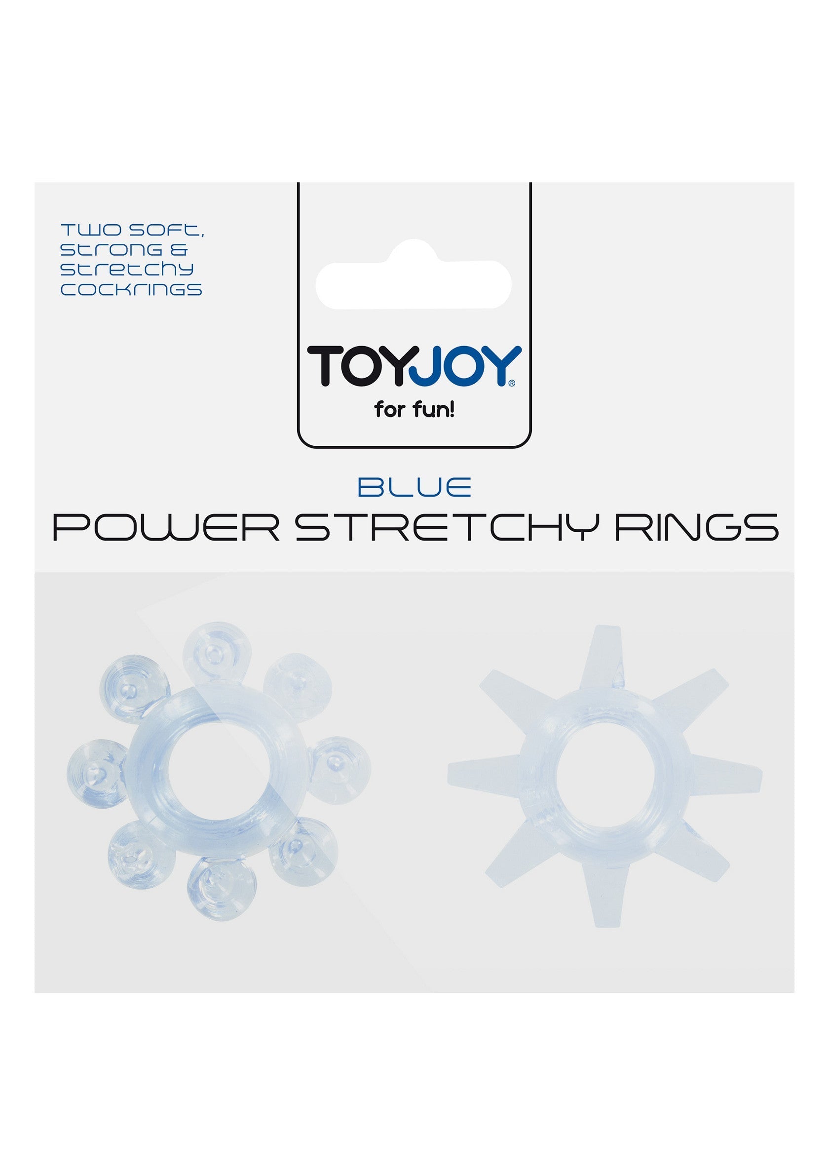Anneaux péniens extensibles bleus ToyJoy Power pour le plaisir!; ToyJoy Power Stretchy Penisringen blauw voor extra plezier!; ToyJoy Power Stretchy Cock Rings blue for fun!