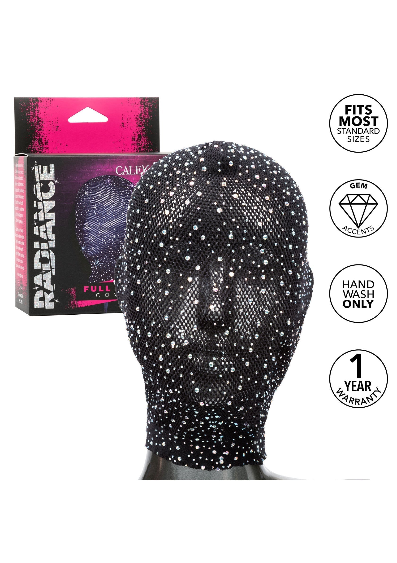 Cagoule intégrale en résille noire ornée de strass brillants. Accessoire de mode unique et audacieux.; Zwarte mesh bivakmuts vol strass steentjes. Uniek en gewaagd modeaccessoire.; Black mesh full face balaclava covered in sparkly rhinestones. Unique and daring fashion accessory.