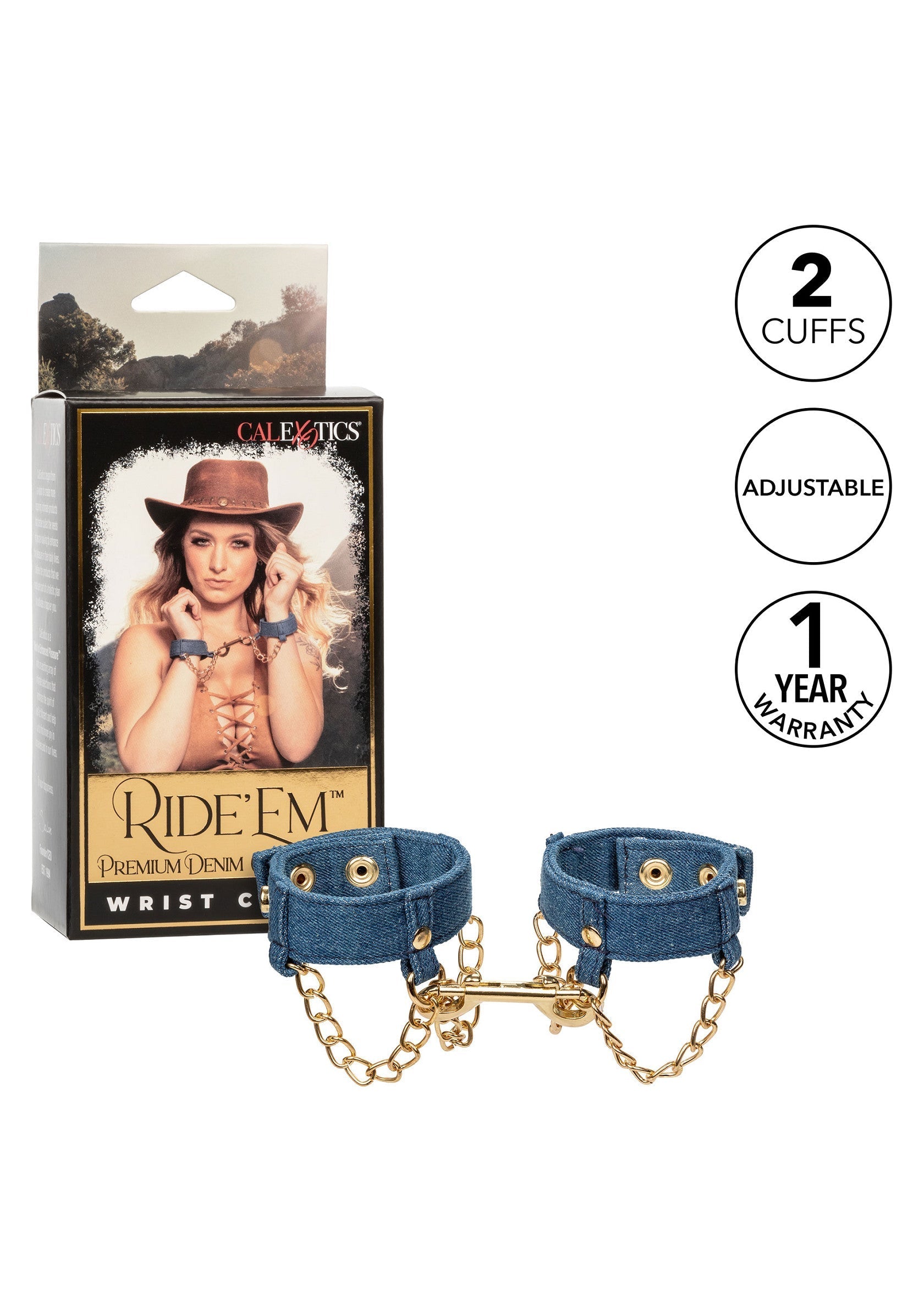 Menottes en denim avec chaînes dorées.; Denim handboeien met gouden kettingen.; Denim handcuffs with golden chains.