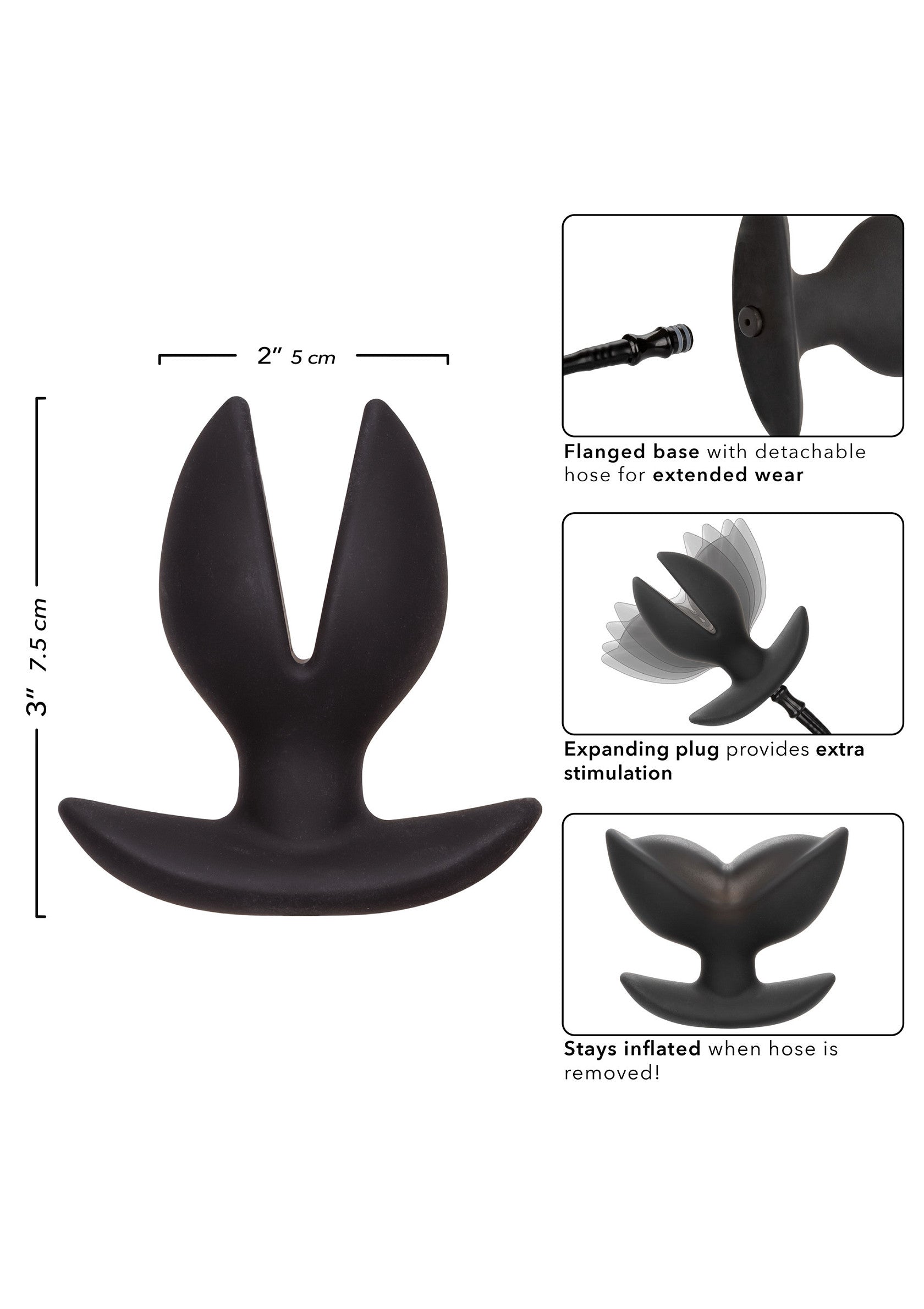 Plug anal gonflable en silicone noir. Base à bride détachable pour un port prolongé. Fournit une stimulation supplémentaire.; Opblaasbare siliconen buttplug in zwart. Flensvoet met afneembare slang voor langdurig gebruik. Zorgt voor extra stimulatie.; Inflatable silicone butt plug in black. Flanged base with detachable hose for extended wear. Provides extra stimulation.