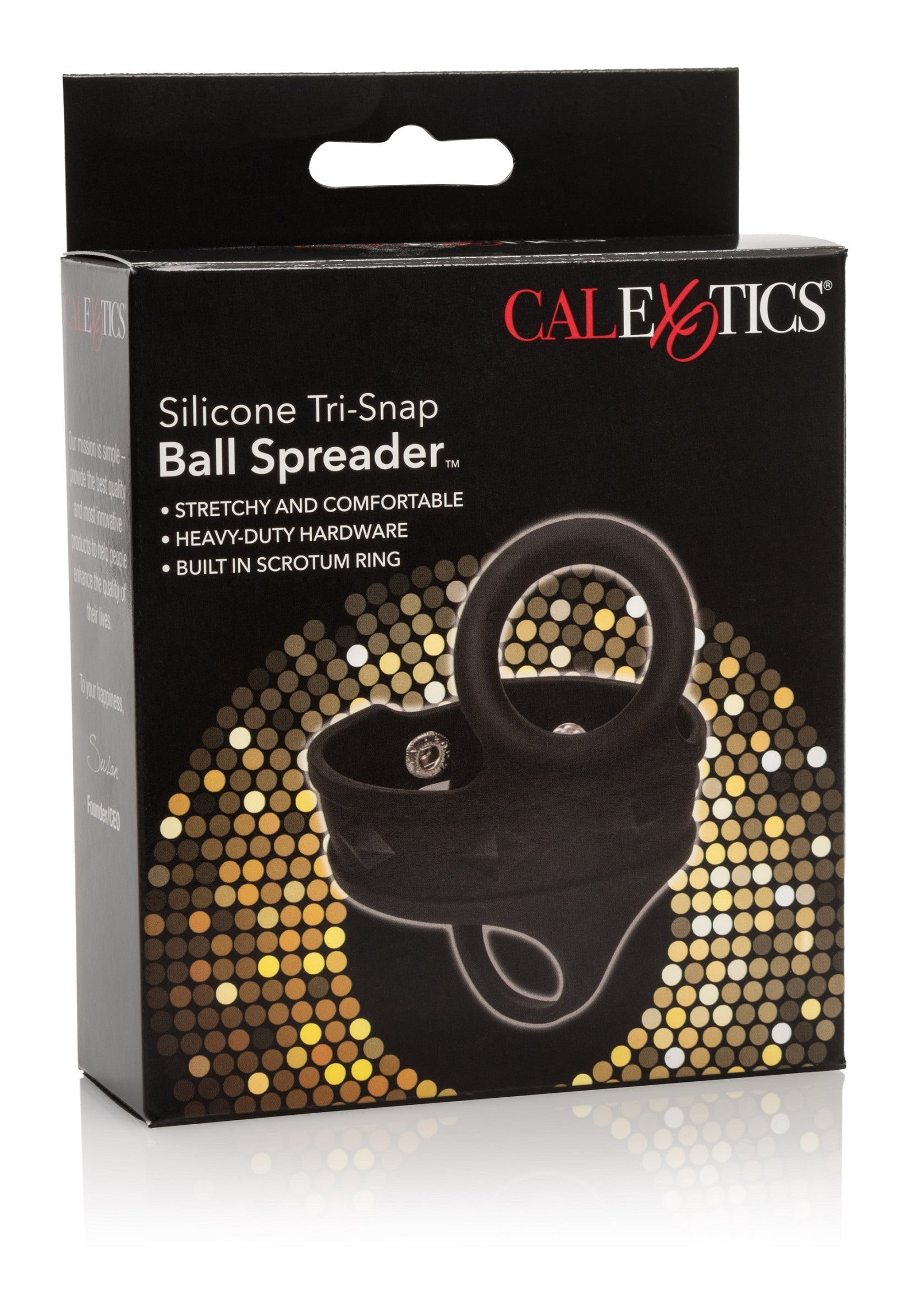 CalExotics Silicone Tri-Snap Ball Spreader : écarteur de testicules en silicone extensible et confortable avec anneau scrotal intégré.; CalExotics Silicone Tri-Snap Ball Spreader: rekbare siliconen ballenspreider met ingebouwde scrotumring.; CalExotics Silicone Tri-Snap Ball Spreader: stretchy silicone ball spreader with built-in scrotum ring.