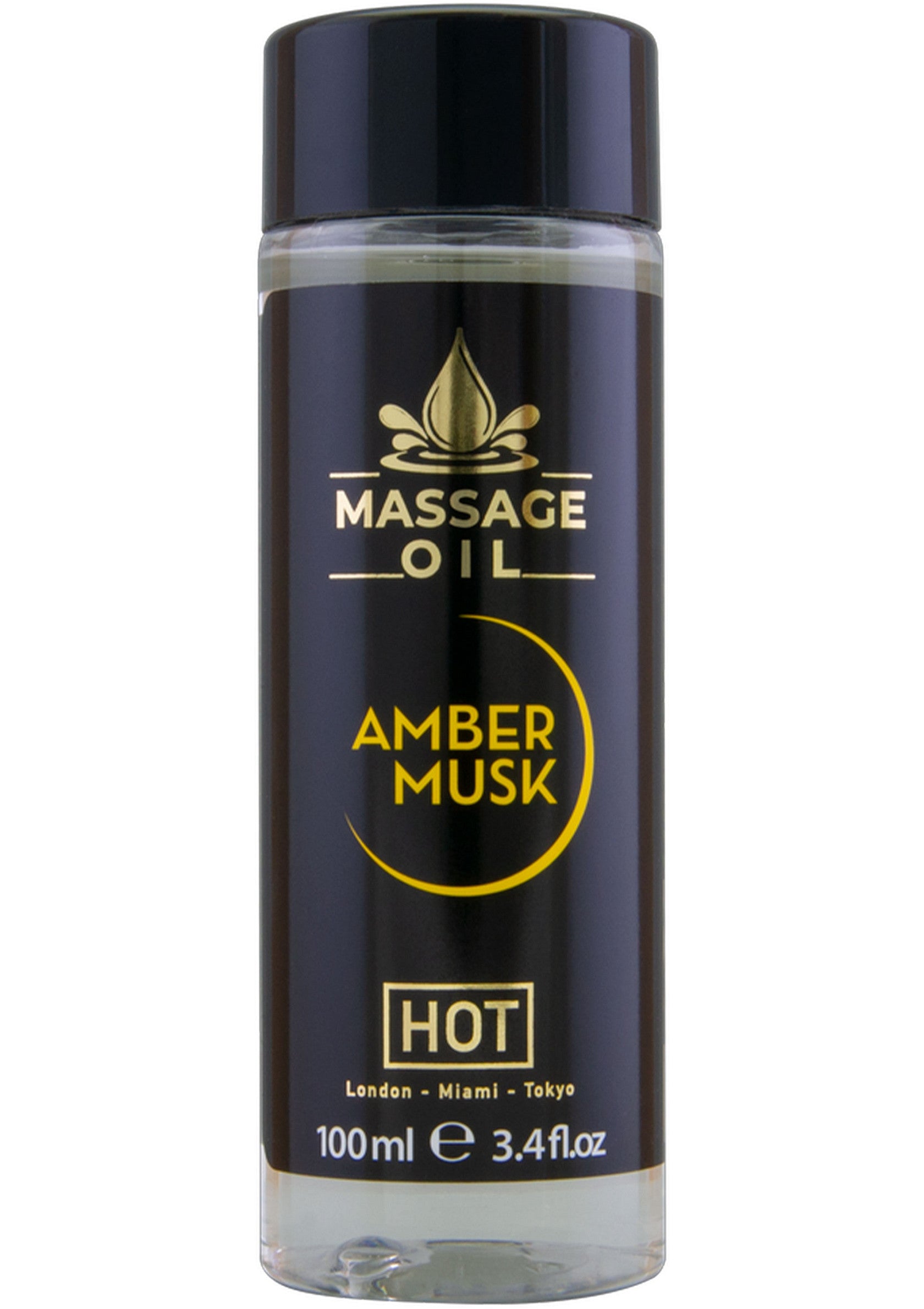 Huile de massage ambre musc chauffante. 100 ml. Idéale pour un massage relaxant et sensuel.; Verwarmende massageolie amber musk. 100 ml. Ideaal voor een ontspannende en sensuele massage.; Warming amber musk massage oil. 100 ml. Perfect for a relaxing and sensual massage.