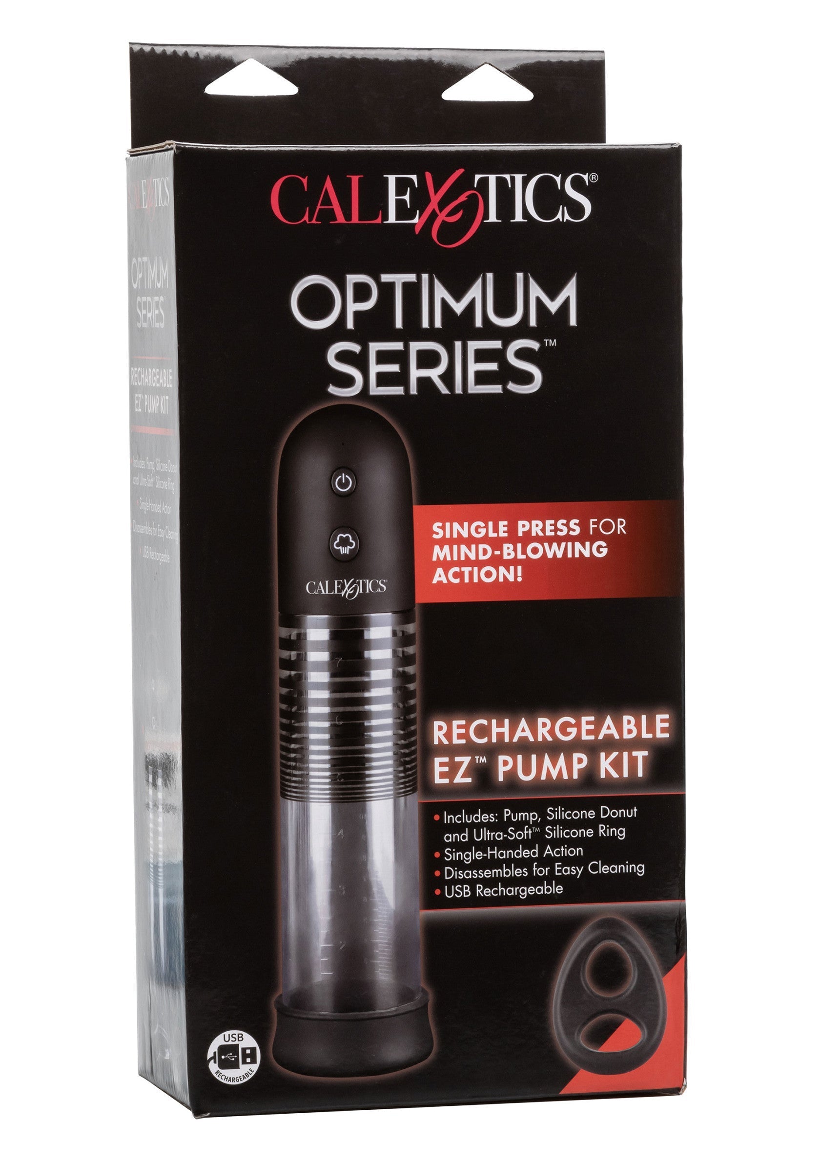 Kit de pompe rechargeable CalExotics Optimum Series EZ™. Augmentez votre plaisir avec cet accessoire facile à utiliser et à nettoyer.; CalExotics Optimum Series EZ™ Oplaadbare pompset. Verhoog uw plezier met dit eenvoudig te gebruiken en schoon te maken accessoire.; CalExotics Optimum Series EZ™ Rechargeable Pump Kit. Enhance your pleasure with this easy-to-use and clean accessory.
