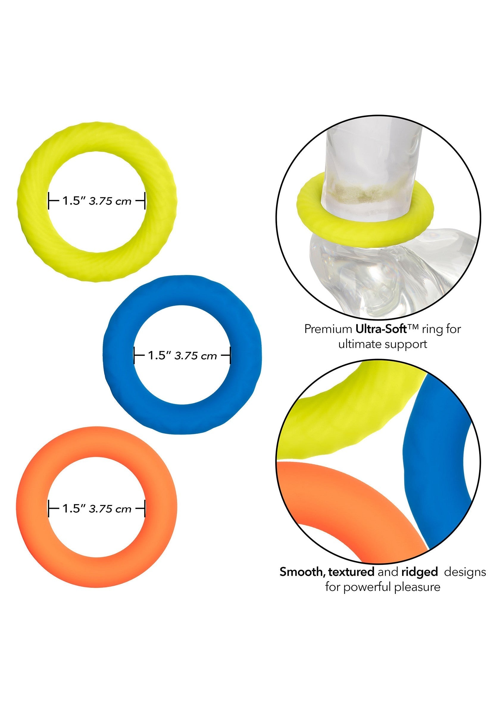 Anneaux péniens Premium Ultra-Soft™ pour un soutien ultime. Design lisse, texturé et nervuré pour un plaisir puissant.; Premium Ultra-Soft™ penisringen voor ultieme ondersteuning. Gladde, gestructureerde en geribbelde ontwerpen voor krachtig genot.; Premium Ultra-Soft™ cock rings for ultimate support. Smooth, textured and ridged designs for powerful pleasure.