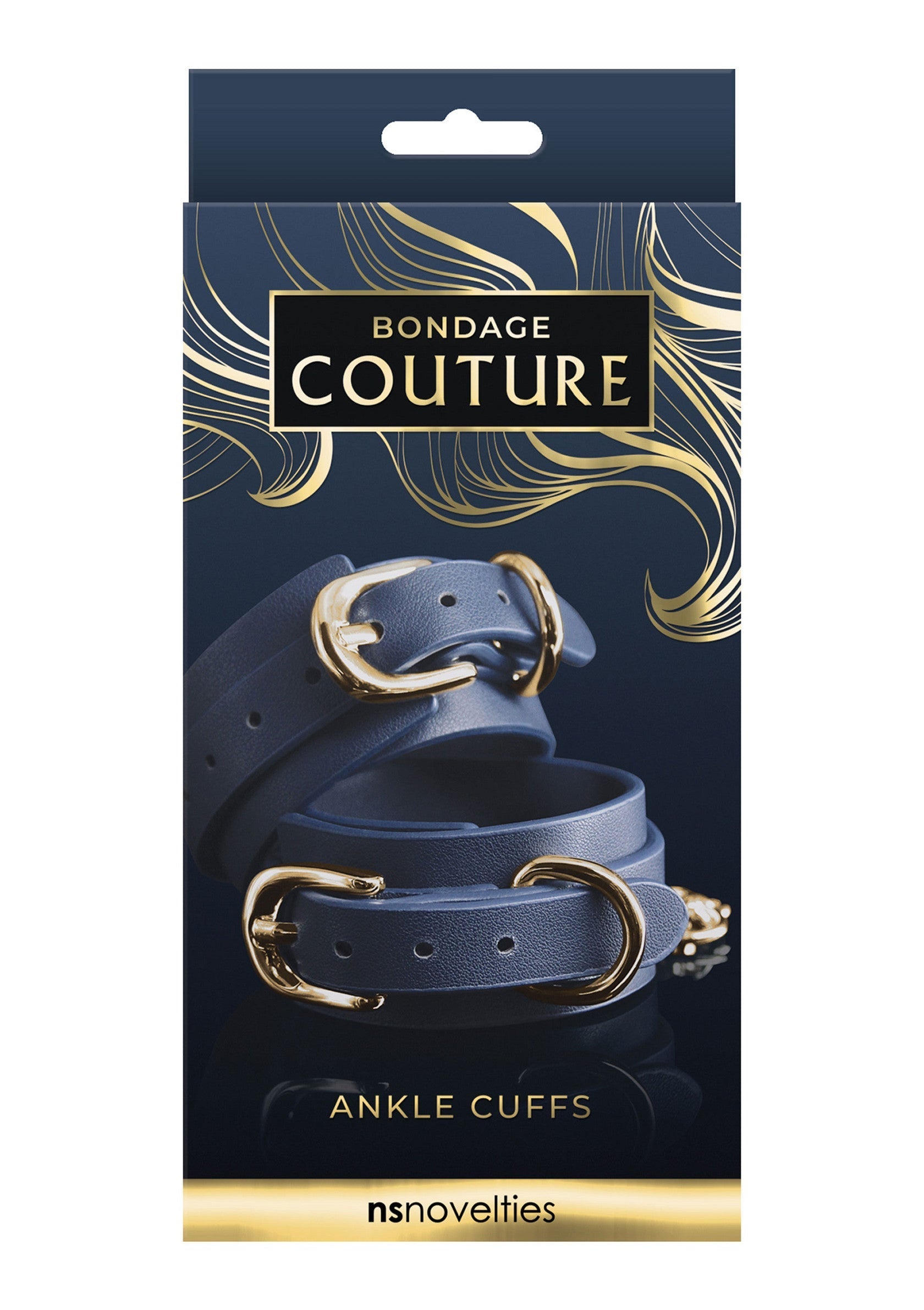 Menottes de cheville "Bondage Couture" bleu marine avec des boucles dorées pour ajouter une touche d'élégance à votre jeu de rôle.; Marineblauwe "Bondage Couture" enkelboeien met gouden gespen om een vleugje elegantie toe te voegen aan je rollenspel.; Navy "Bondage Couture" ankle cuffs with golden buckles to add a touch of elegance to your roleplay.