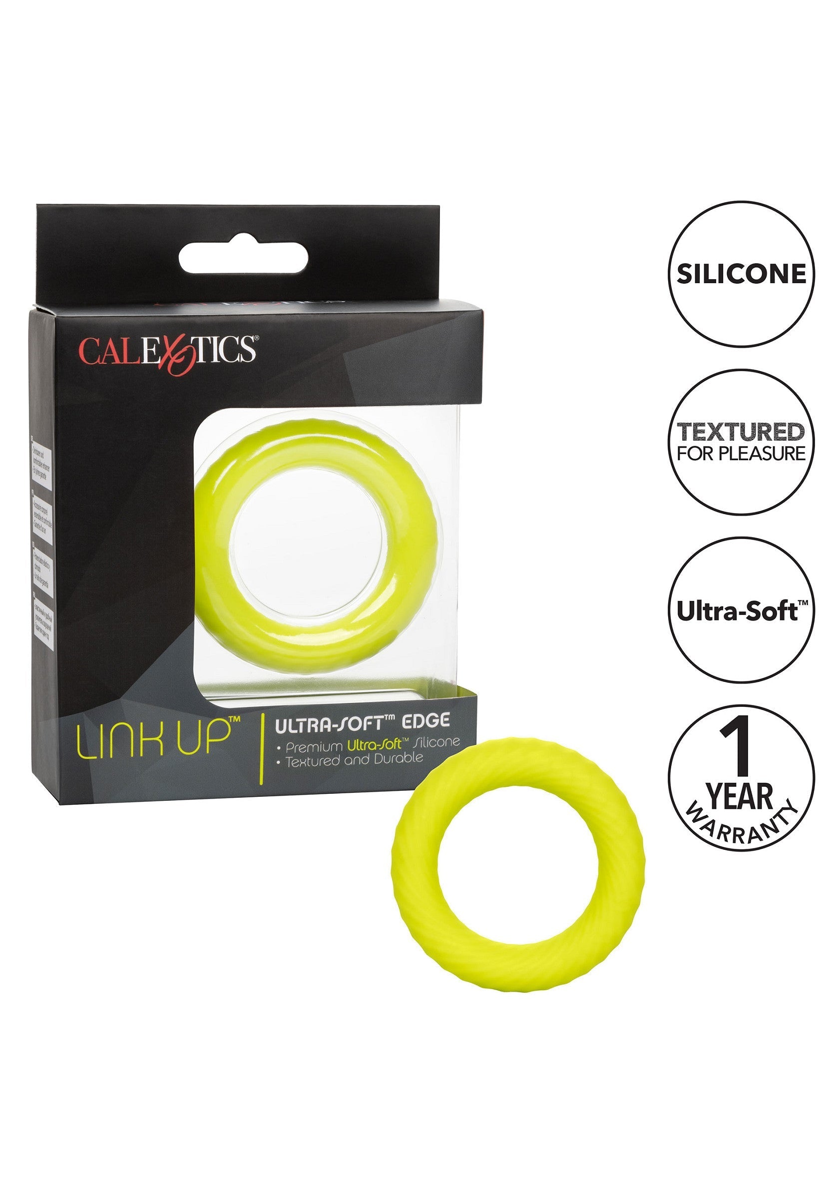 Anneau pénien CalExotics Link Up, silicone ultra-doux texturé pour le plaisir. Garantie 1 an.; CalExotics Link Up penisring, ultra-zachte siliconen met textuur voor plezier. 1 jaar garantie.; CalExotics Link Up cock ring, ultra-soft textured silicone for pleasure. 1-year warranty.