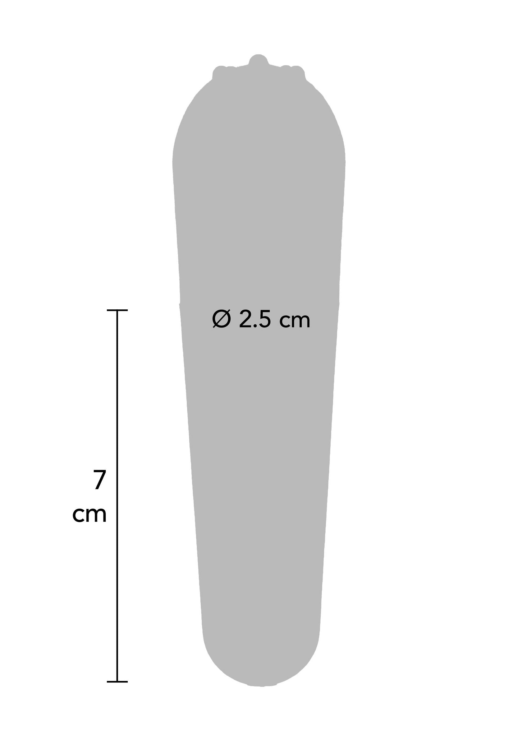 Schéma technique d'un produit, dimensions: 7 cm de long, diamètre de 2.5 cm.; Technische tekening van een product, afmetingen: 7 cm lang, diameter van 2.5 cm.; Technical drawing of a product, dimensions: 7 cm long, 2.5 cm diameter.