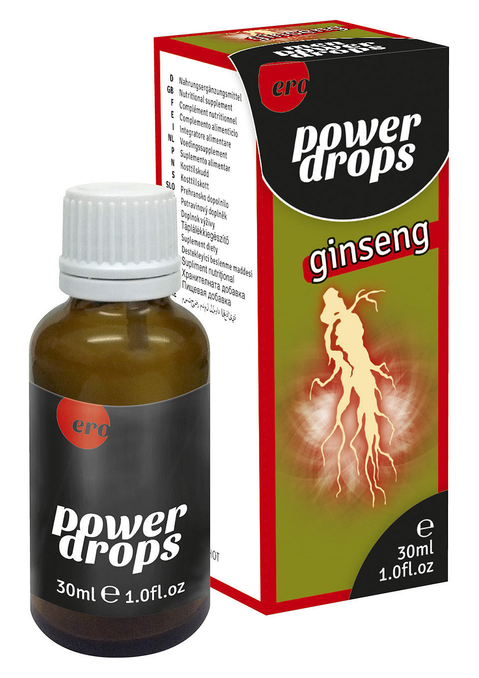 Ero Power Drops Ginseng, complément alimentaire pour l'énergie et la vitalité. Flacon de 30 ml.; Ero Power Drops Ginseng, voedingssupplement voor energie en vitaliteit. 30ml flesje.; Ero Power Drops Ginseng, a nutritional supplement for energy and vitality. 30ml bottle.