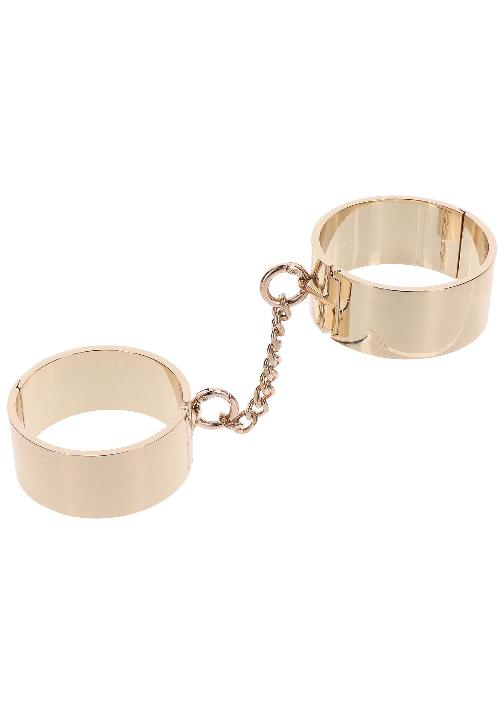 Menottes dorées de fantaisie avec chaînes pour jeux de rôle.; Gouden fantasie handboeien met kettingen voor rollenspellen.; Gold tone metal novelty handcuffs with chains for role play games.