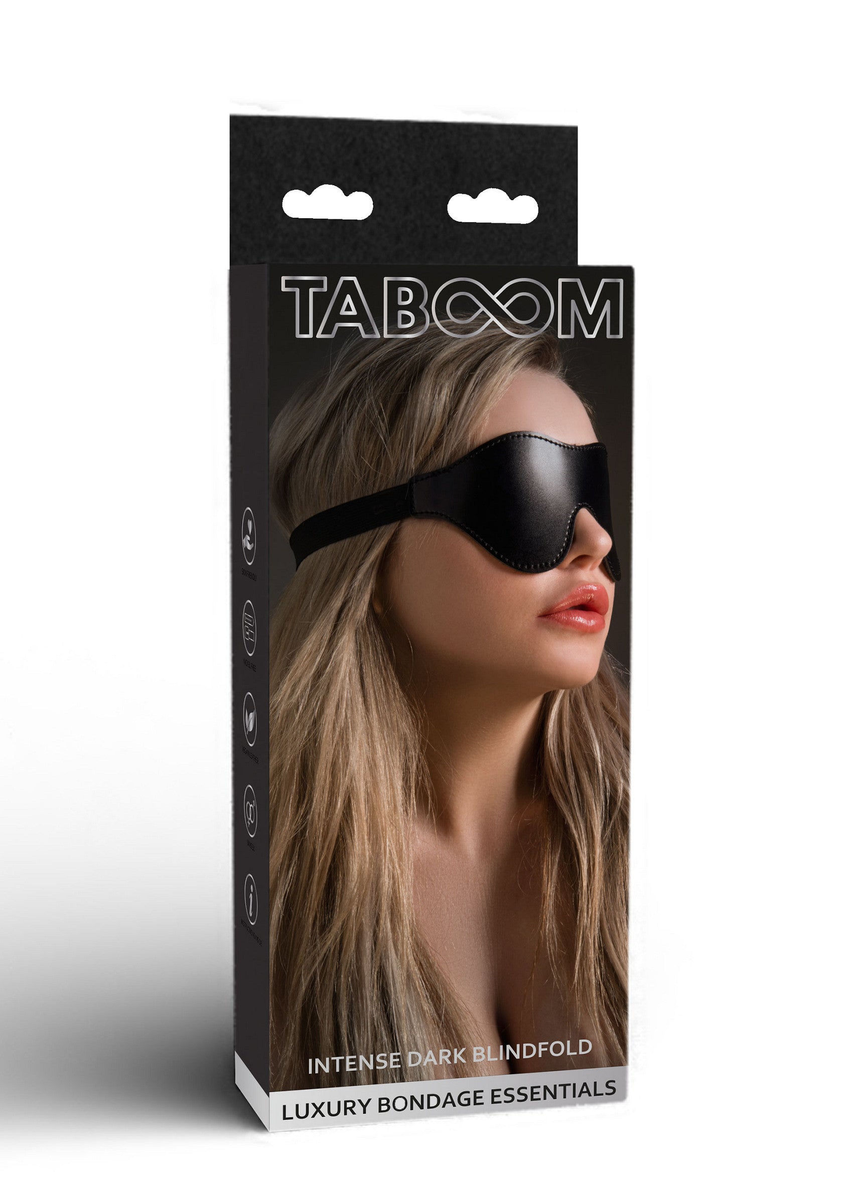 Masque de sommeil Taboom Intense Dark. Accessoire de bondage luxueux pour des jeux de rôle intenses et sensuels.; Taboom Intense Dark blinddoek. Luxe bondage accessoire voor intense en sensuele rollenspellen.; Taboom Intense Dark Blindfold. Luxury bondage accessory for intense and sensual roleplay.