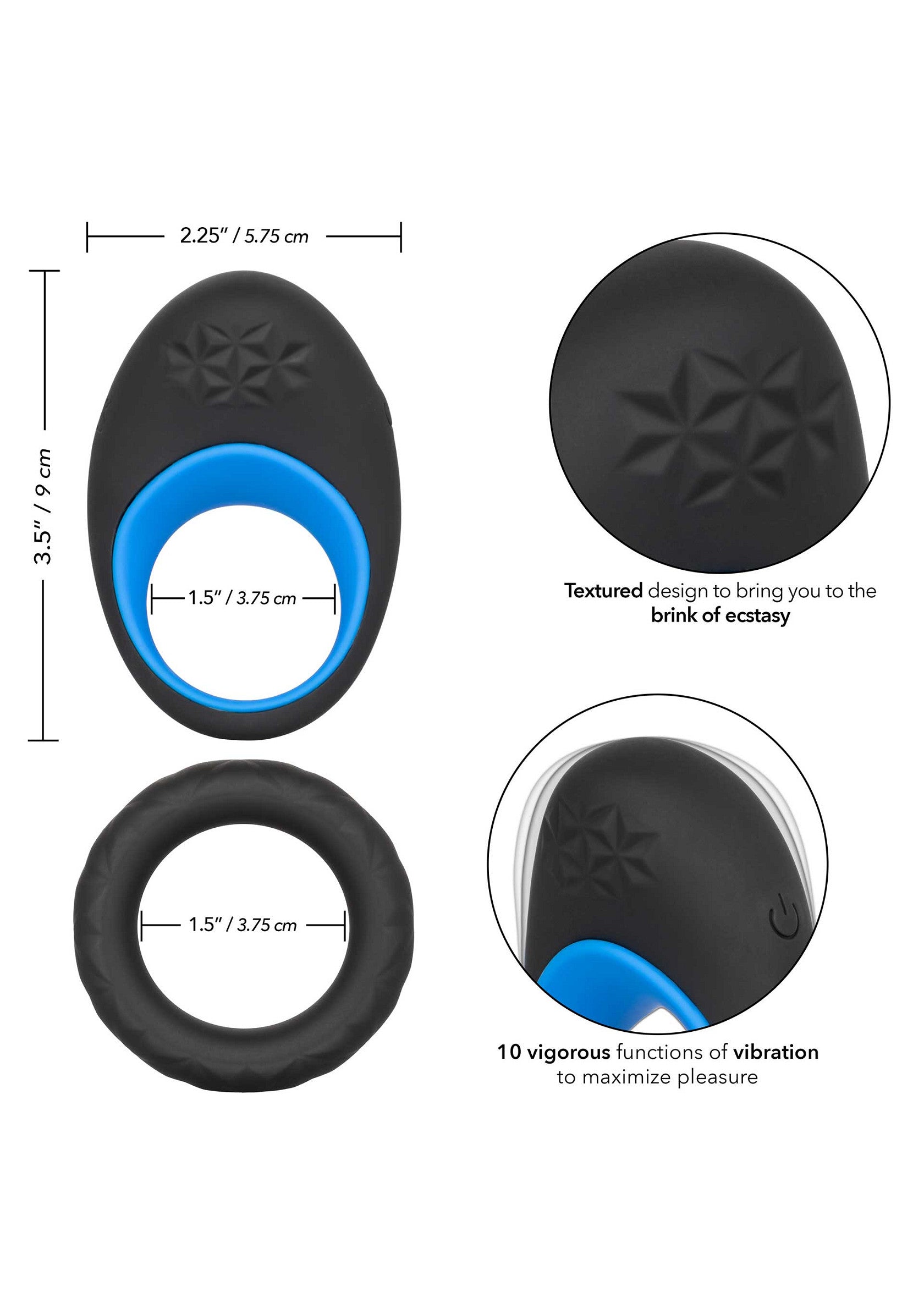 Anneau vibrant texturé noir et bleu. 10 modes de vibration pour un plaisir maximisé.; Zwarte en blauwe getextureerde vibrerende ring. 10 vibratiestanden voor maximaal plezier.; Black and blue textured vibrating cock ring. 10 vibration functions to maximize pleasure.