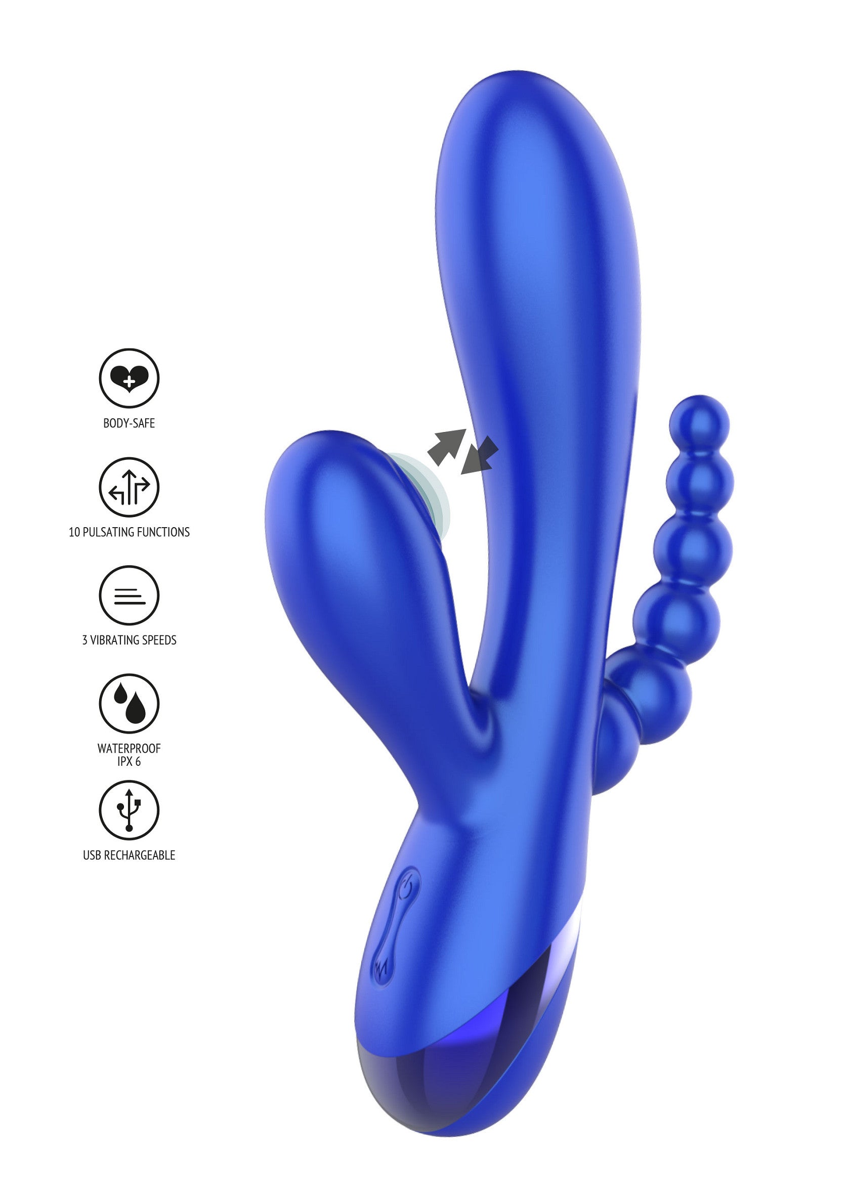 Vibromasseur bleu étanche avec différentes fonctions et vitesses, rechargeable par USB.; Waterdichte blauwe vibrator met verschillende functies en snelheden, USB-oplaadbaar.; Waterproof blue vibrator with different functions and speeds, USB rechargeable.