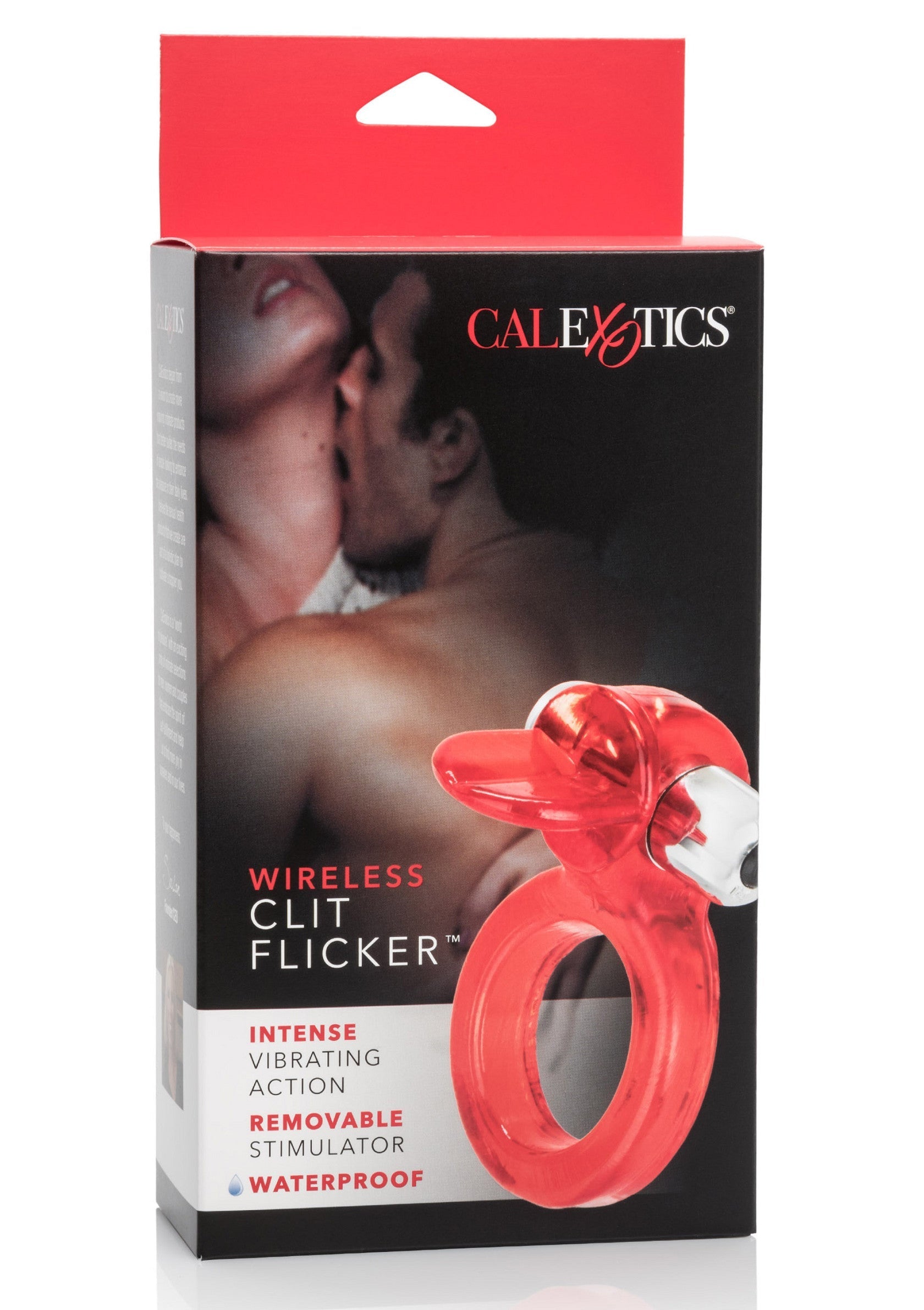 CalExotics Wireless Clit Flicker, anneau vibrant sans fil pour le clitoris. Action vibratoire intense, stimulateur amovible et étanche.; CalExotics Wireless Clit Flicker, draadloze vibrerende ring voor de clitoris. Intense vibratie, verwijderbare stimulator en waterdicht.; CalExotics Wireless Clit Flicker, wireless vibrating clitoral ring. Intense vibrating action, removable stimulator, and waterproof.