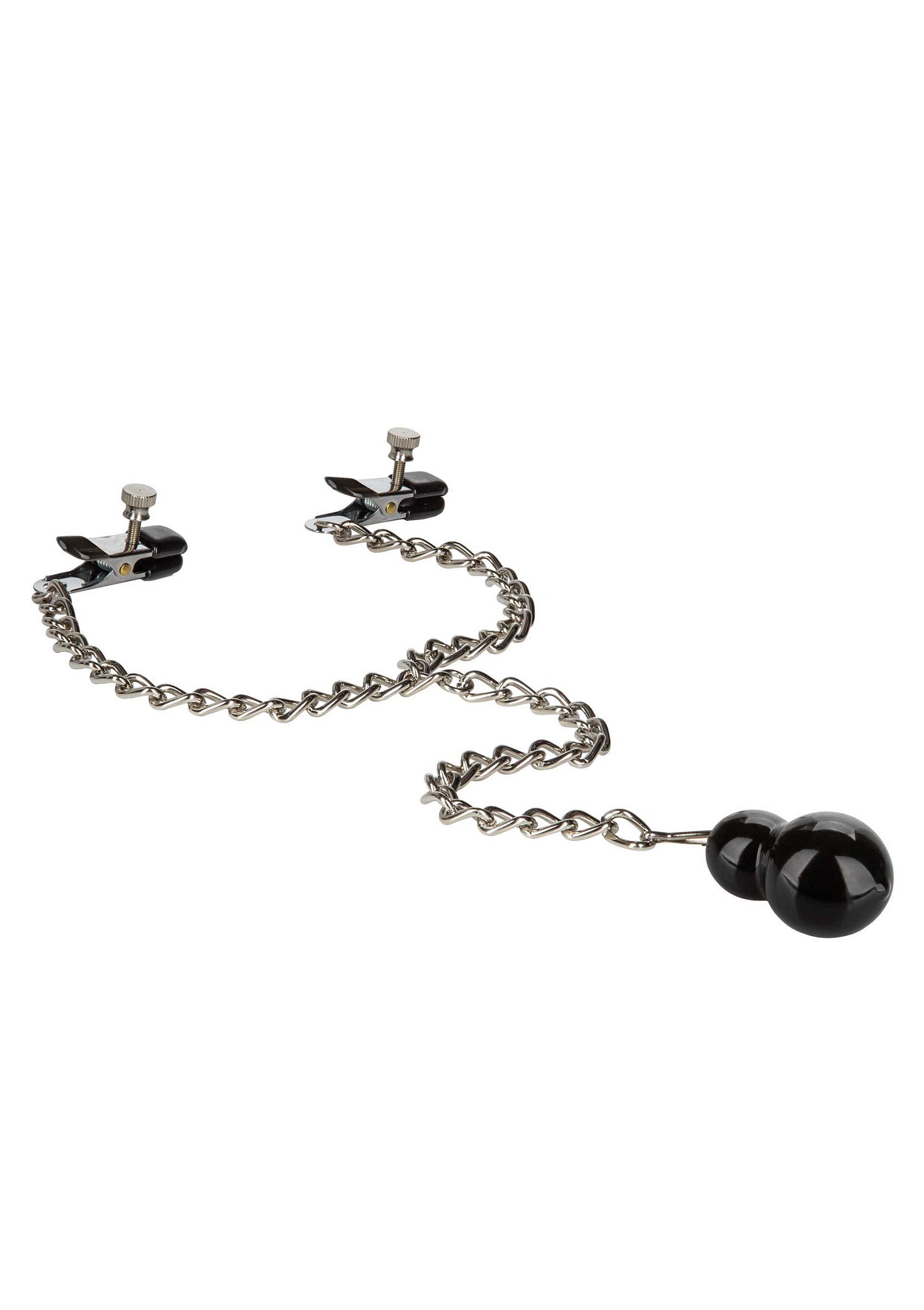 Pinces à tétons avec chaîne et billes noires pour un plaisir intense et ajustable.; Tepelklemmen met ketting en zwarte balletjes voor intense, verstelbare stimulatie.; Nipple clamps with chain and black beads for intense, adjustable stimulation.