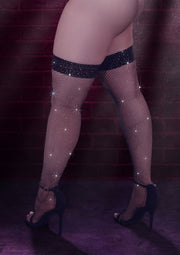 Bas résille brillants avec bordure scintillante. Parfaits pour une soirée glamour et sophistiquée. Chic et tendance.; Glanzende visnetkousen met glitterrand. Perfect voor een glamoureuze en verfijnde avond. Chique en trendy.; Sparkling fishnet stockings with glitter trim. Perfect for a glamorous and sophisticated evening. Chic & trendy.