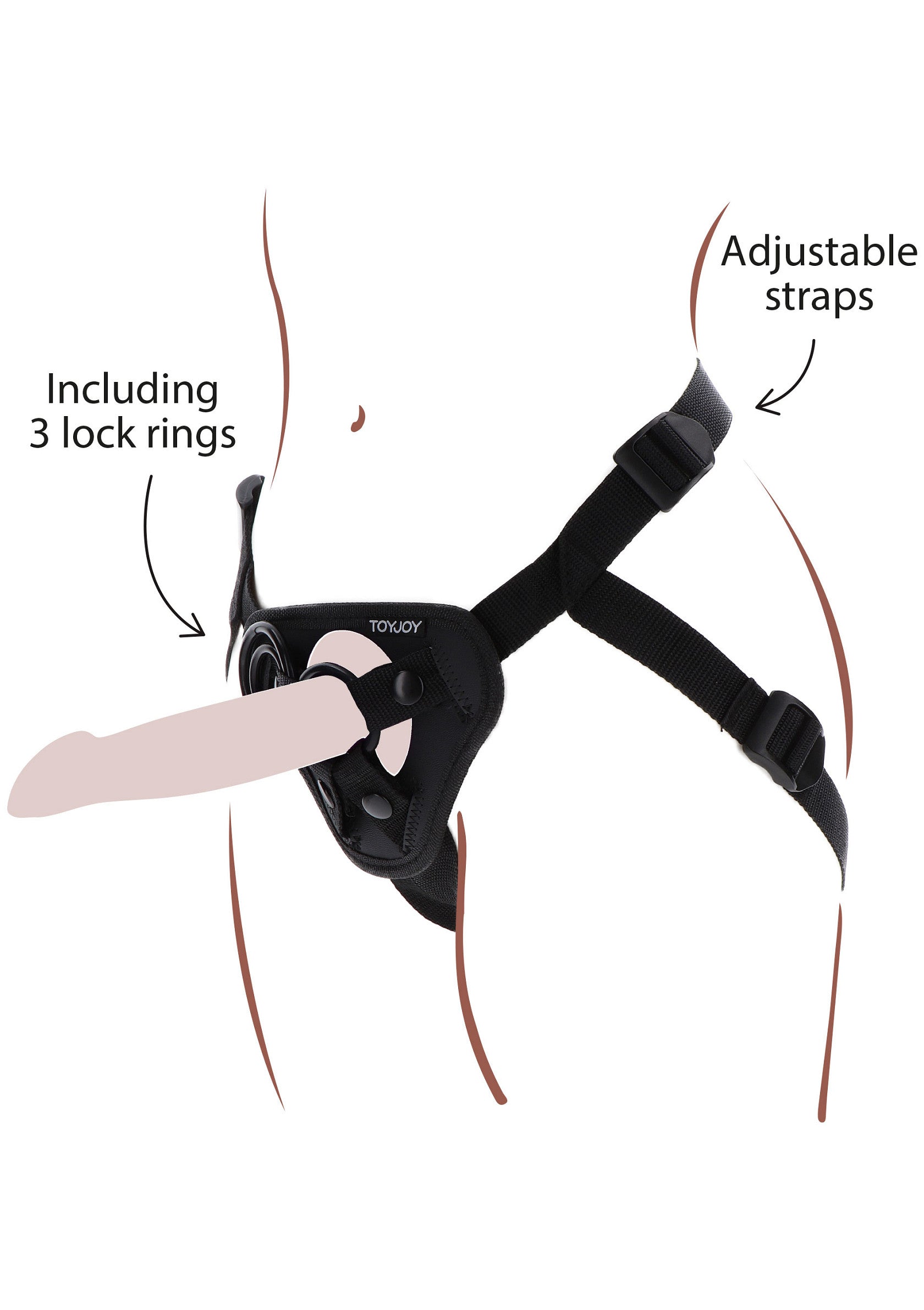 Harnais avec 3 anneaux de verrouillage et bretelles réglables.; Harnas met 3 sluitringen en verstelbare bandjes.; Harness featuring 3 locking rings and adjustable straps.