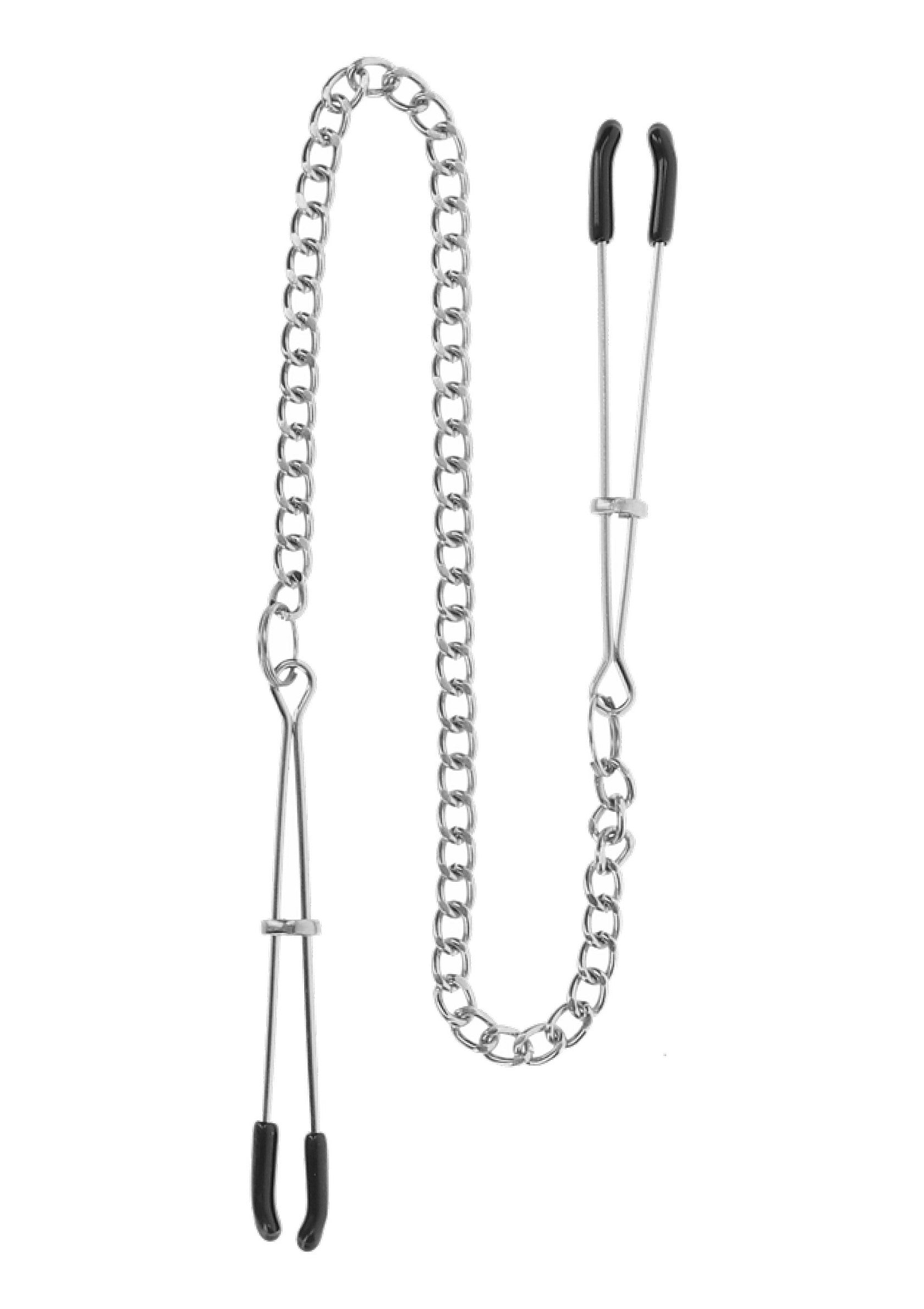 Pinces à tétons avec chaîne en métal, pour jeux coquins et sensations fortes.; Tepelklemmen met metalen ketting, voor ondeugende spelletjes en spannende sensaties.; Nipple clamps with metal chain, for kinky games and thrilling sensations.