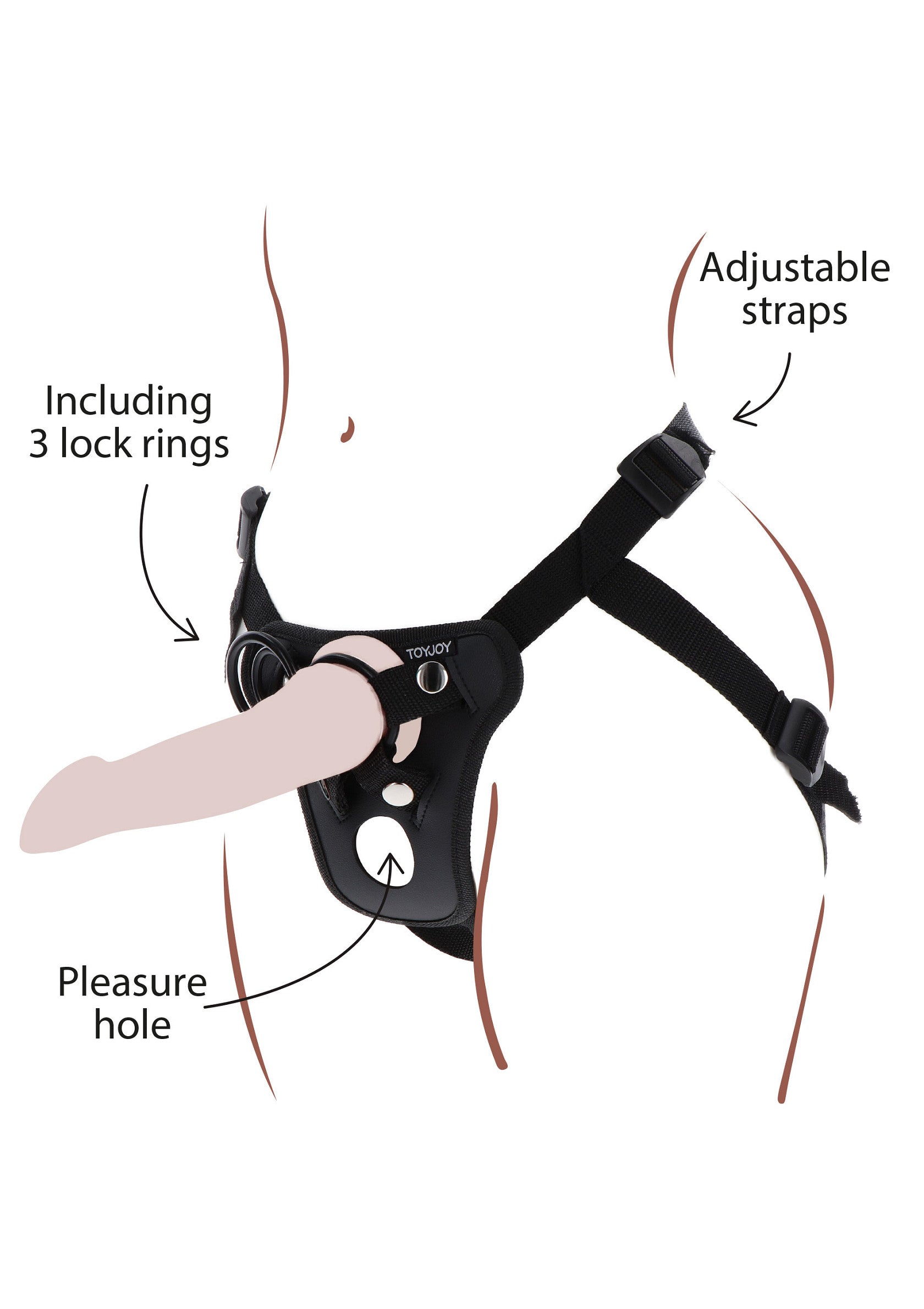Harnais sextoy réglable avec 3 anneaux de blocage et trou de plaisir. Sangle réglable pour un ajustement parfait. ; Verstelbaar seksspeeltjesharnas met 3 vergrendelingsringen en pleziergat. Verstelbare band voor perfecte pasvorm.; Adjustable strap-on harness with 3 lock rings and pleasure hole. Adjustable strap for the perfect fit. 