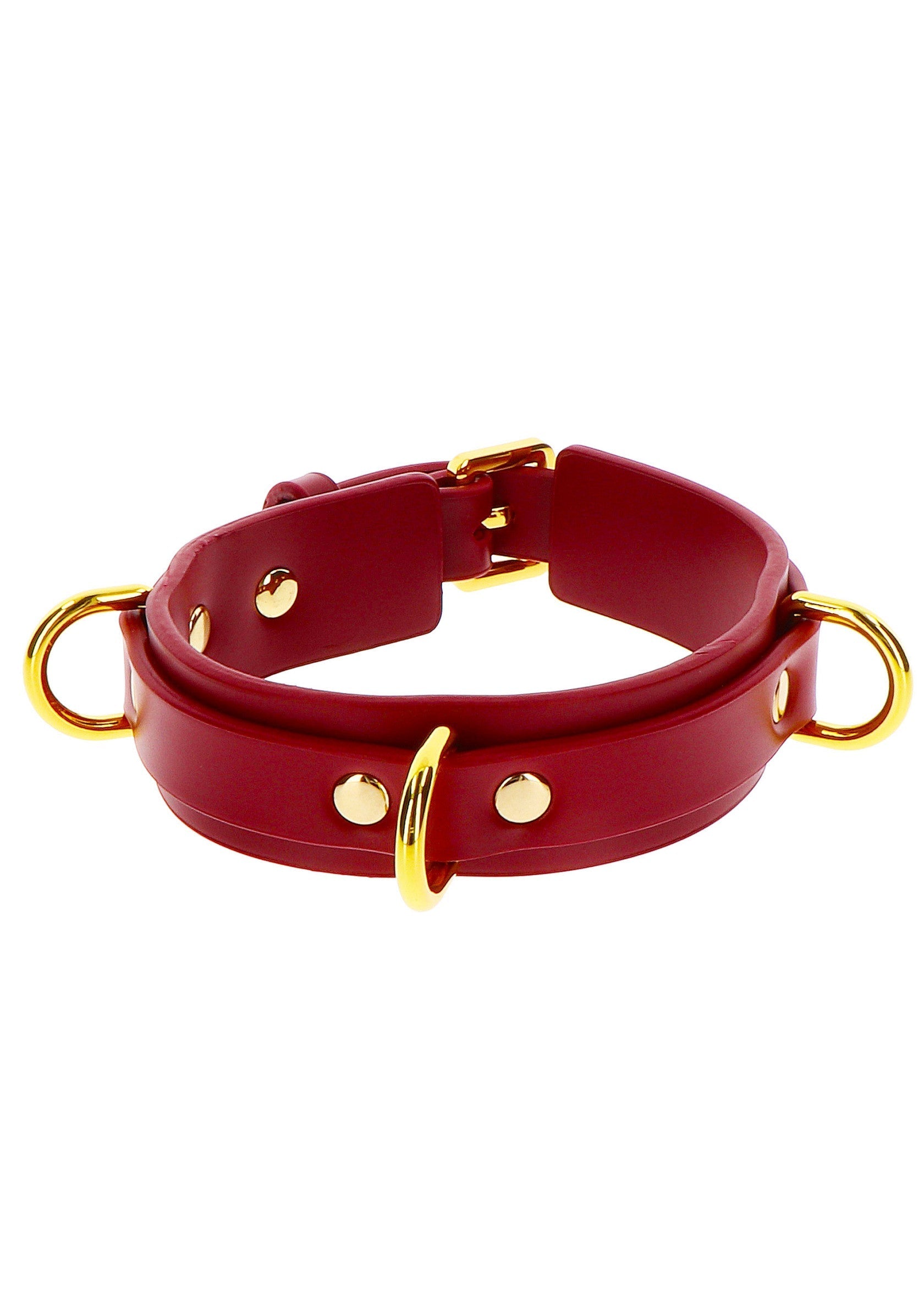 Collier rouge avec anneaux dorés pour une touche d'élégance et de style.; Rode halsband met gouden ringen voor een vleugje elegantie en stijl.; Red collar with golden rings for a touch of elegance and style.